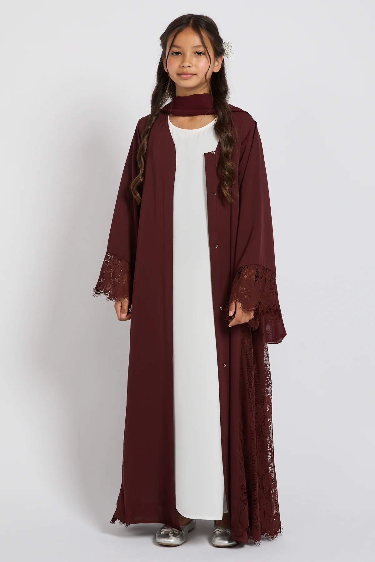 Junior Girls Premium French Lace Blossom Open Abaya – Mahogany Rouge - Image 3
