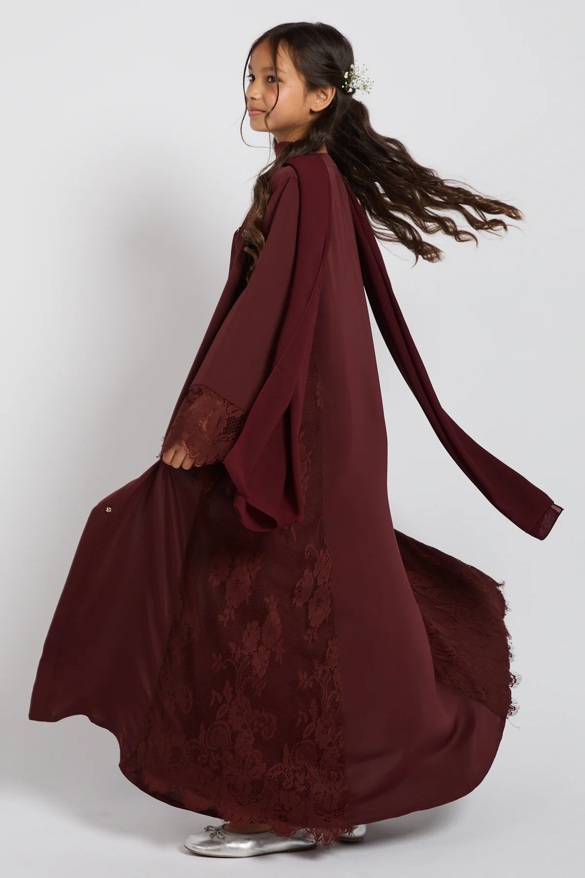 Junior Girls Premium French Lace Blossom Open Abaya – Mahogany Rouge - Image 4