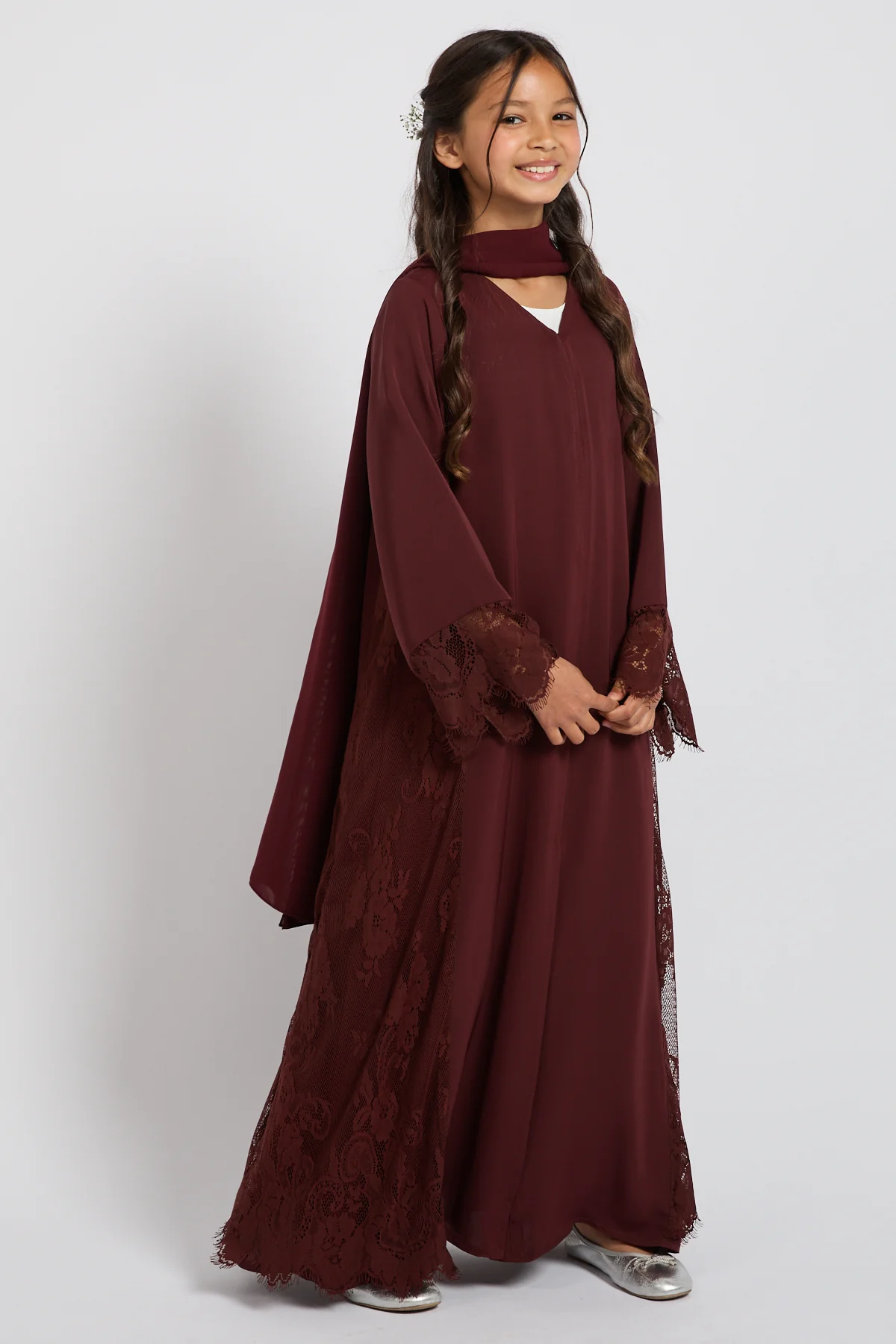 Junior Girls Premium French Lace Blossom Open Abaya – Mahogany Rouge - Image 5