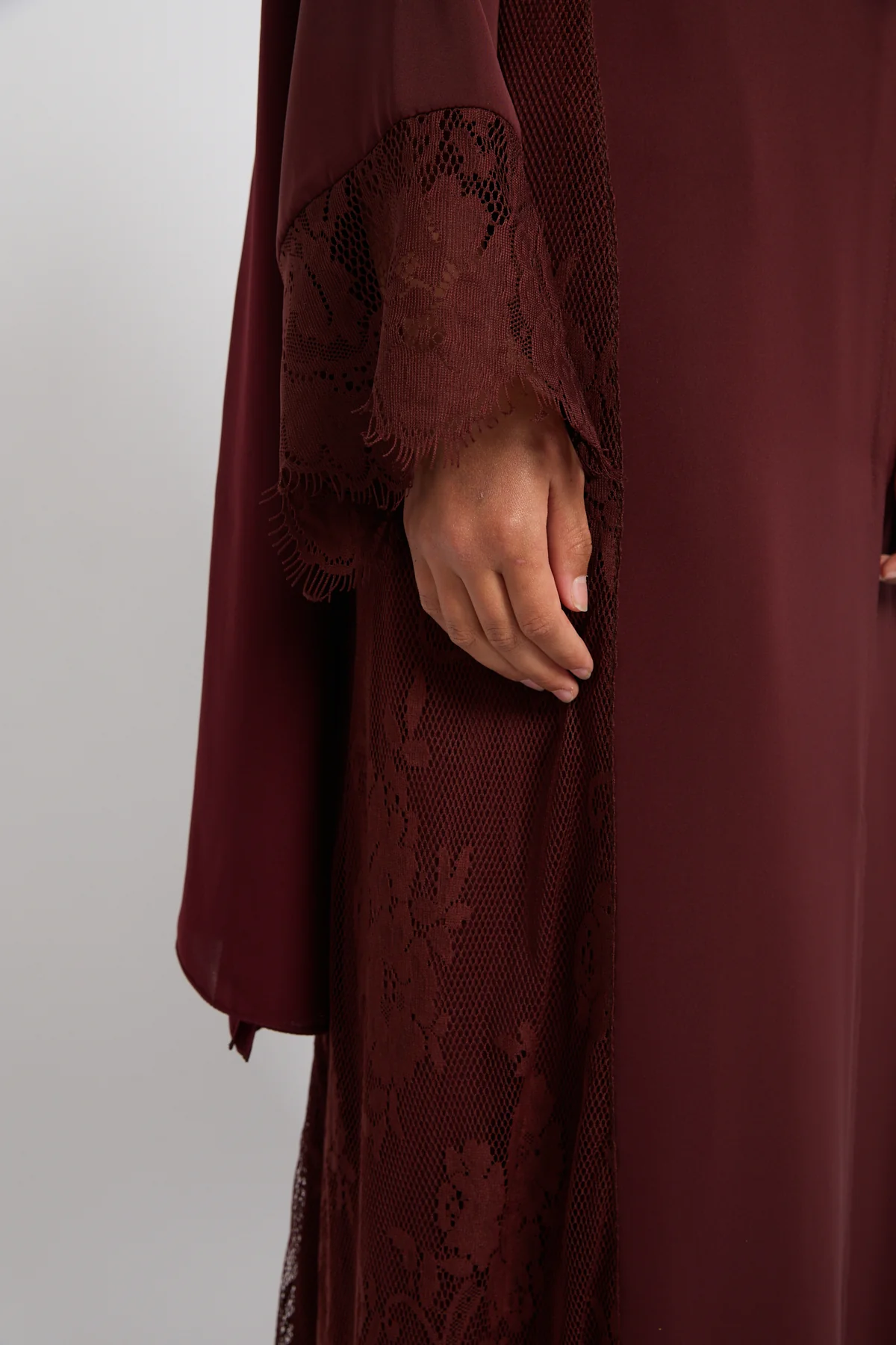Junior Girls Premium French Lace Blossom Open Abaya – Mahogany Rouge - Image 6