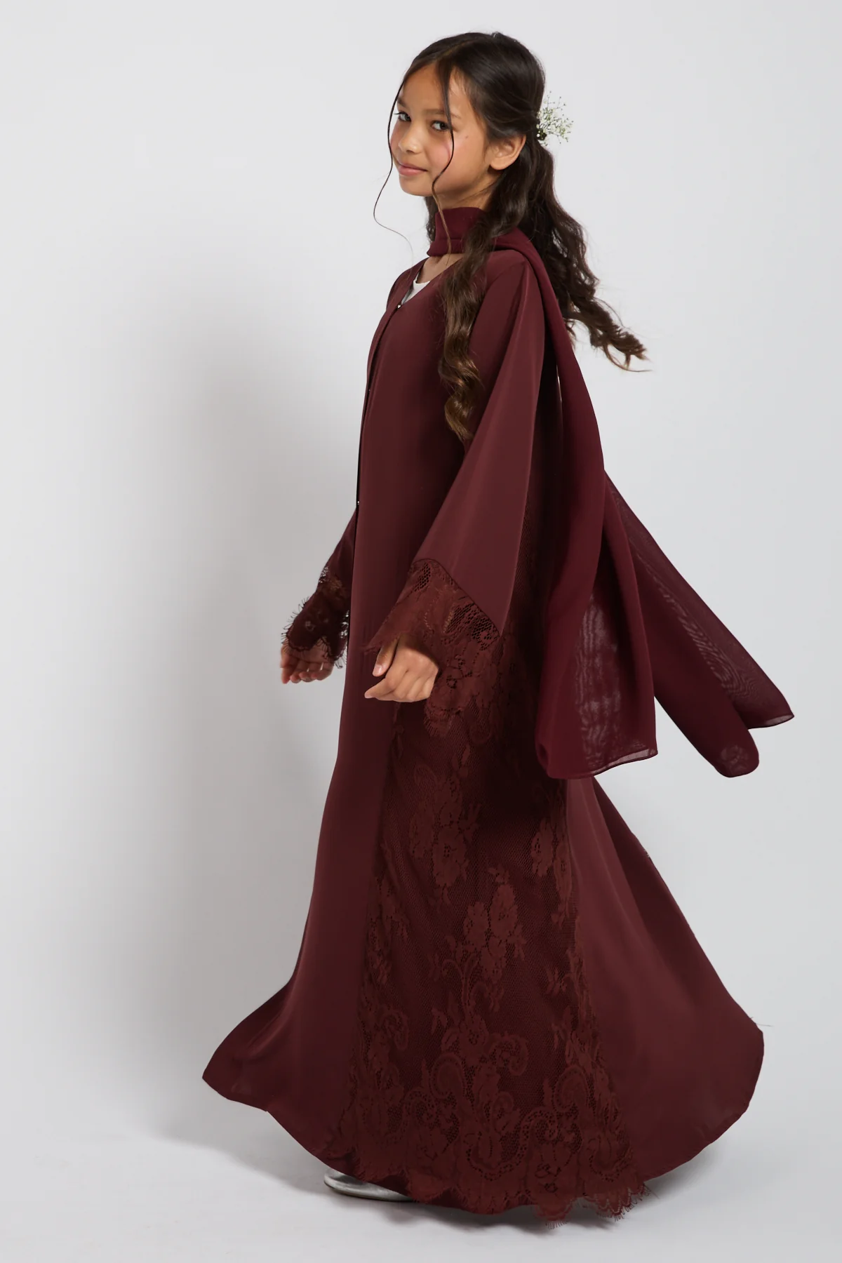 Junior Girls Premium French Lace Blossom Open Abaya – Mahogany Rouge - Image 7