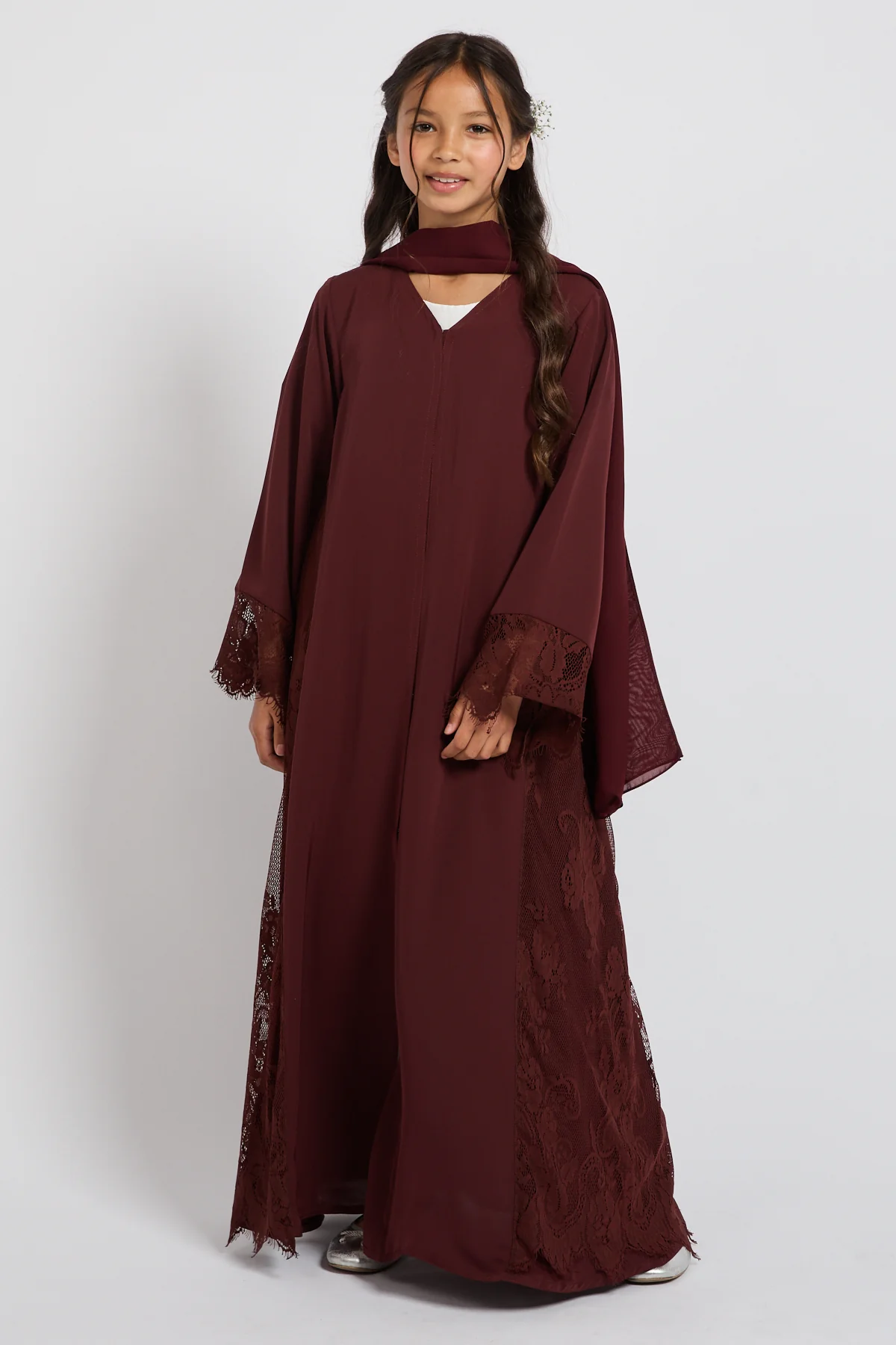 Junior Girls Premium French Lace Blossom Open Abaya – Mahogany Rouge - Image 8
