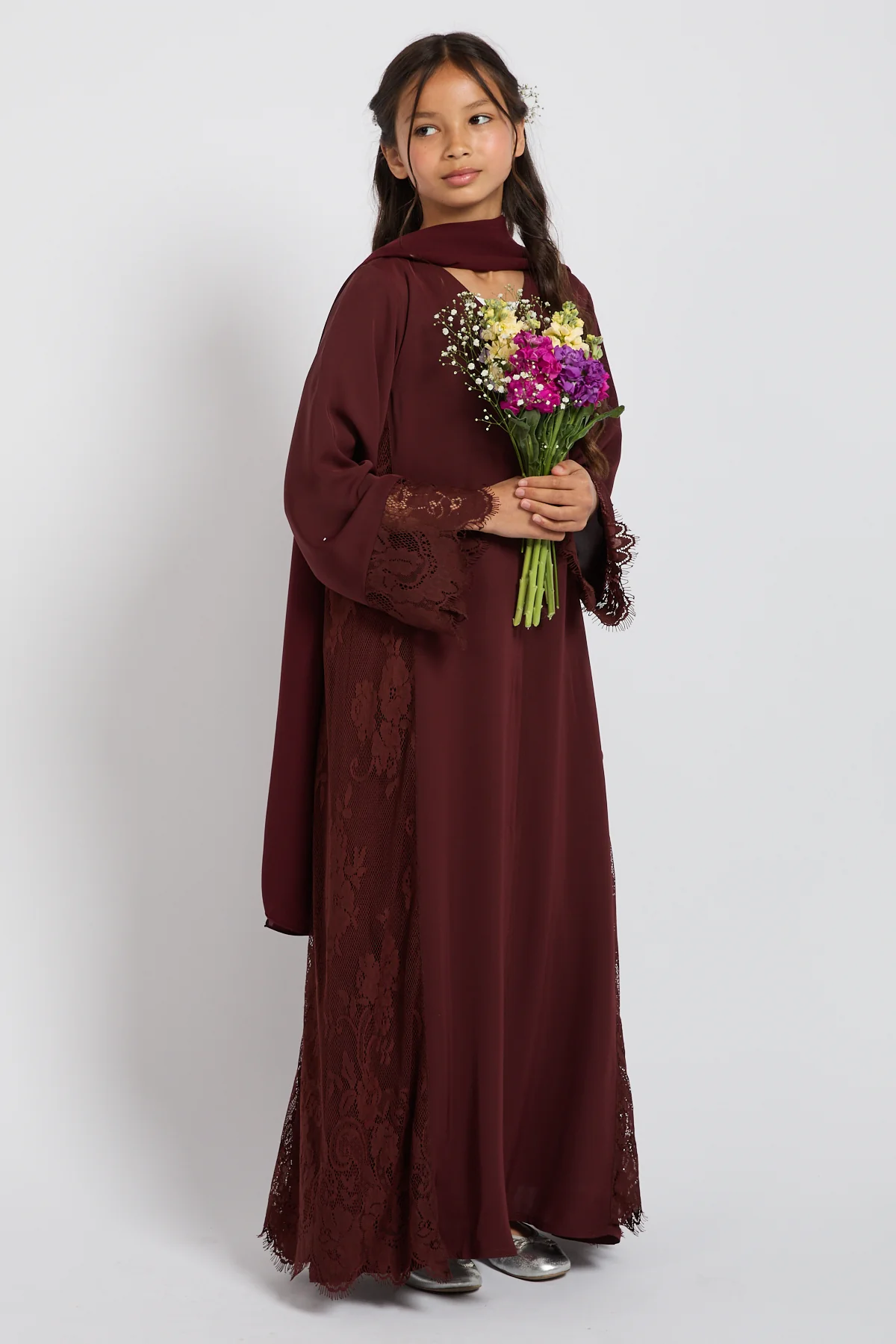 Junior Girls Premium French Lace Blossom Open Abaya – Mahogany Rouge - Image 9