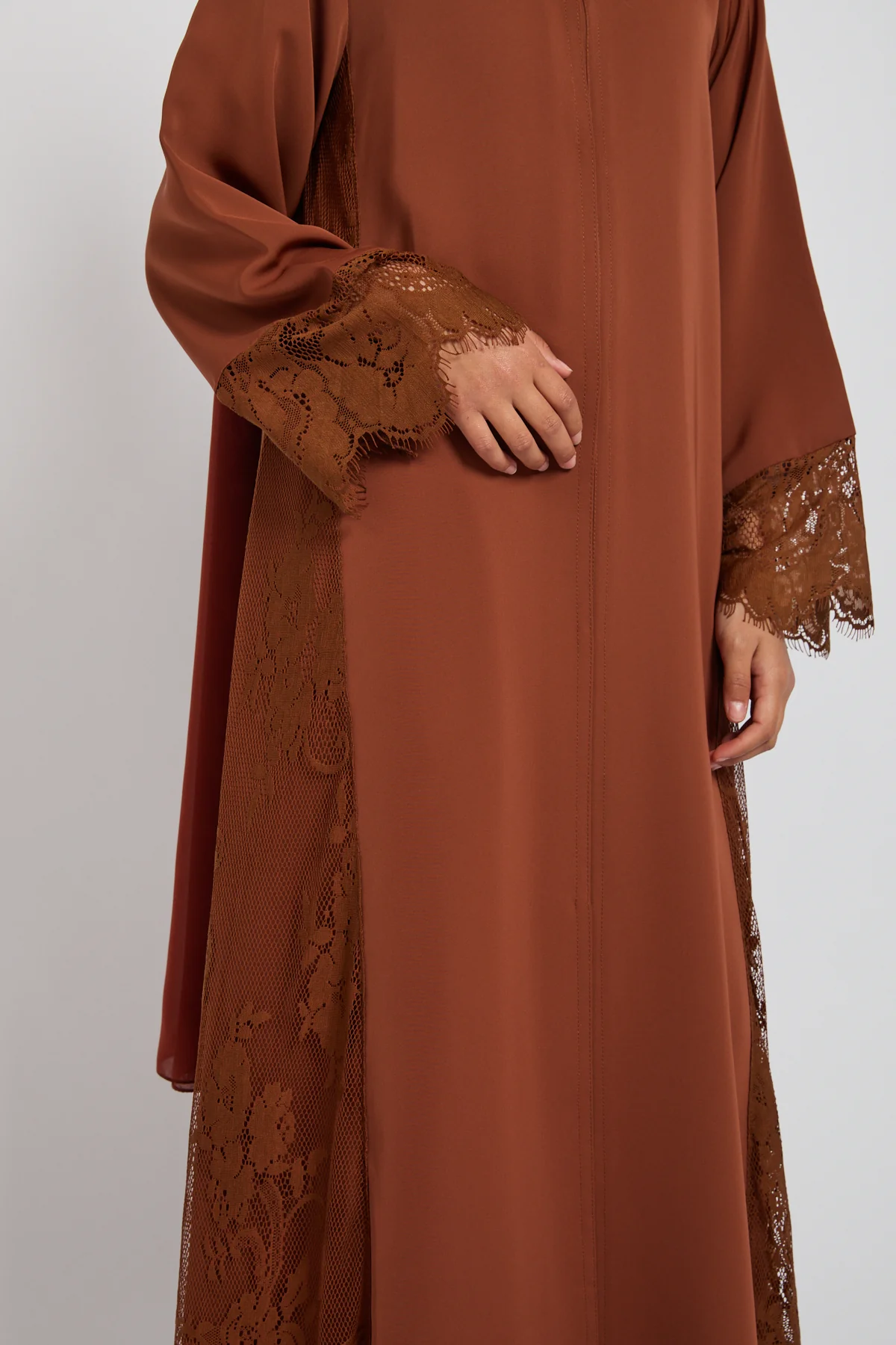 Junior Girls Premium French Lace Blossom Open Abaya – Terracotta Rose - PRE ORDER - Image 2