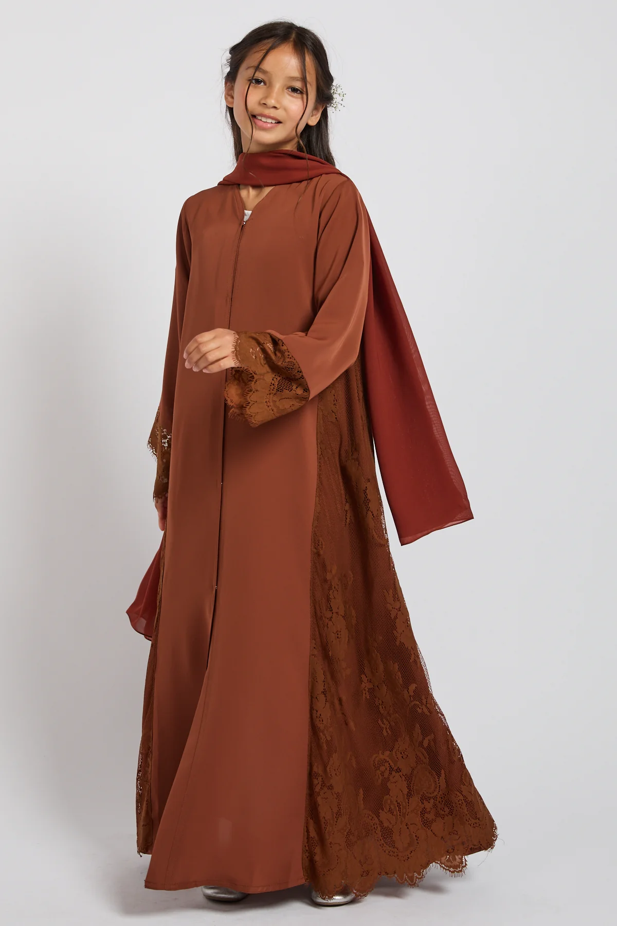 Junior Girls Premium French Lace Blossom Open Abaya – Terracotta Rose - PRE ORDER - Image 3