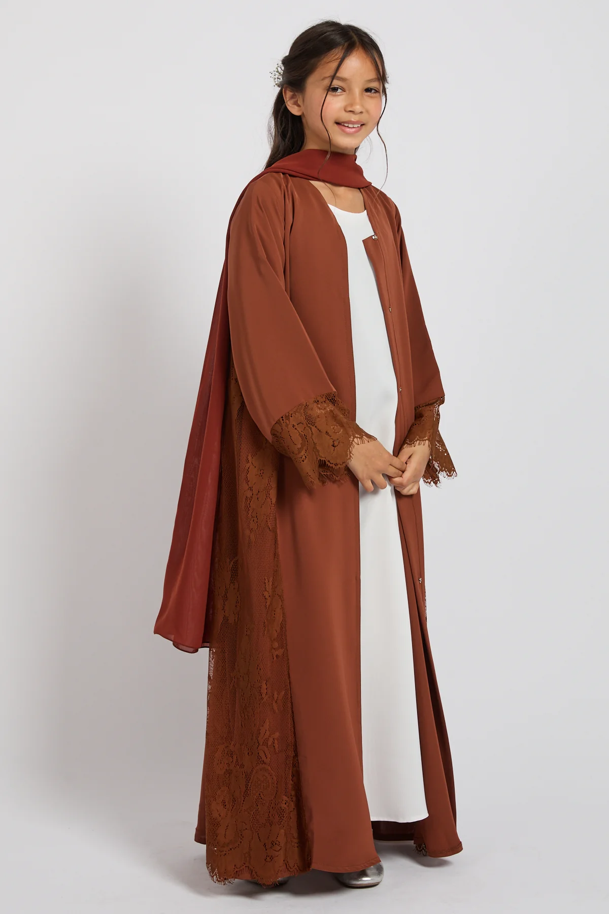 Junior Girls Premium French Lace Blossom Open Abaya – Terracotta Rose - PRE ORDER - Image 4