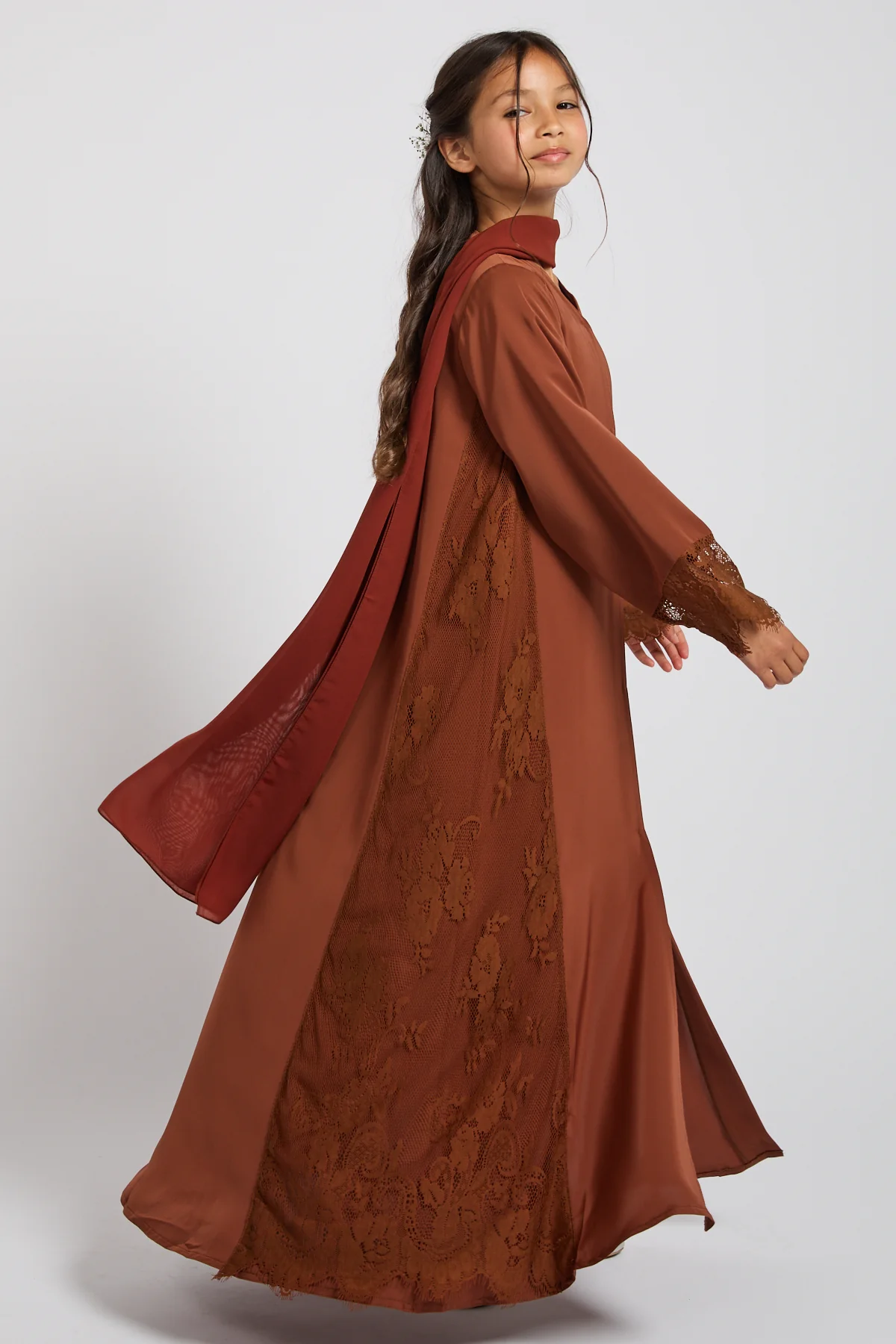 Junior Girls Premium French Lace Blossom Open Abaya – Terracotta Rose - PRE ORDER - Image 5