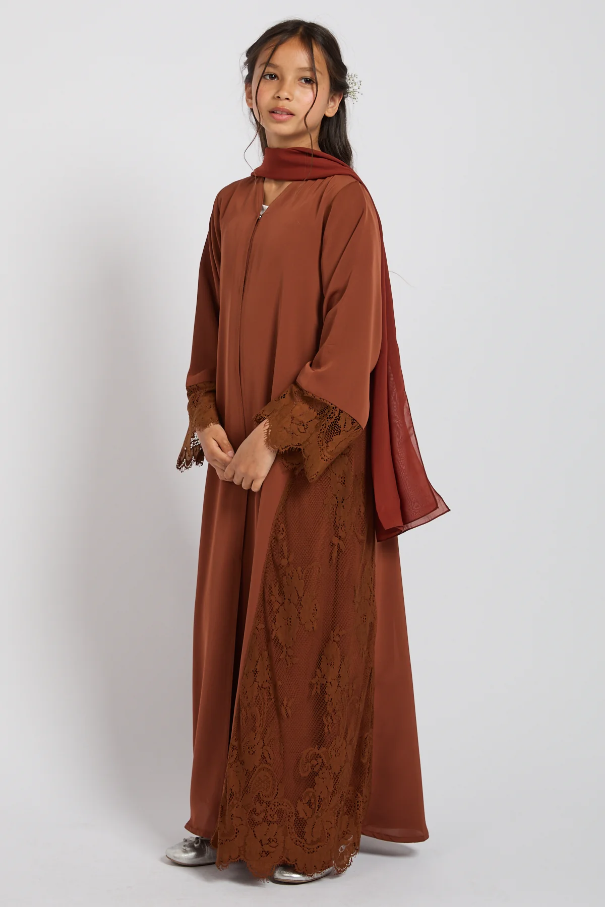 Junior Girls Premium French Lace Blossom Open Abaya – Terracotta Rose - PRE ORDER - Image 6