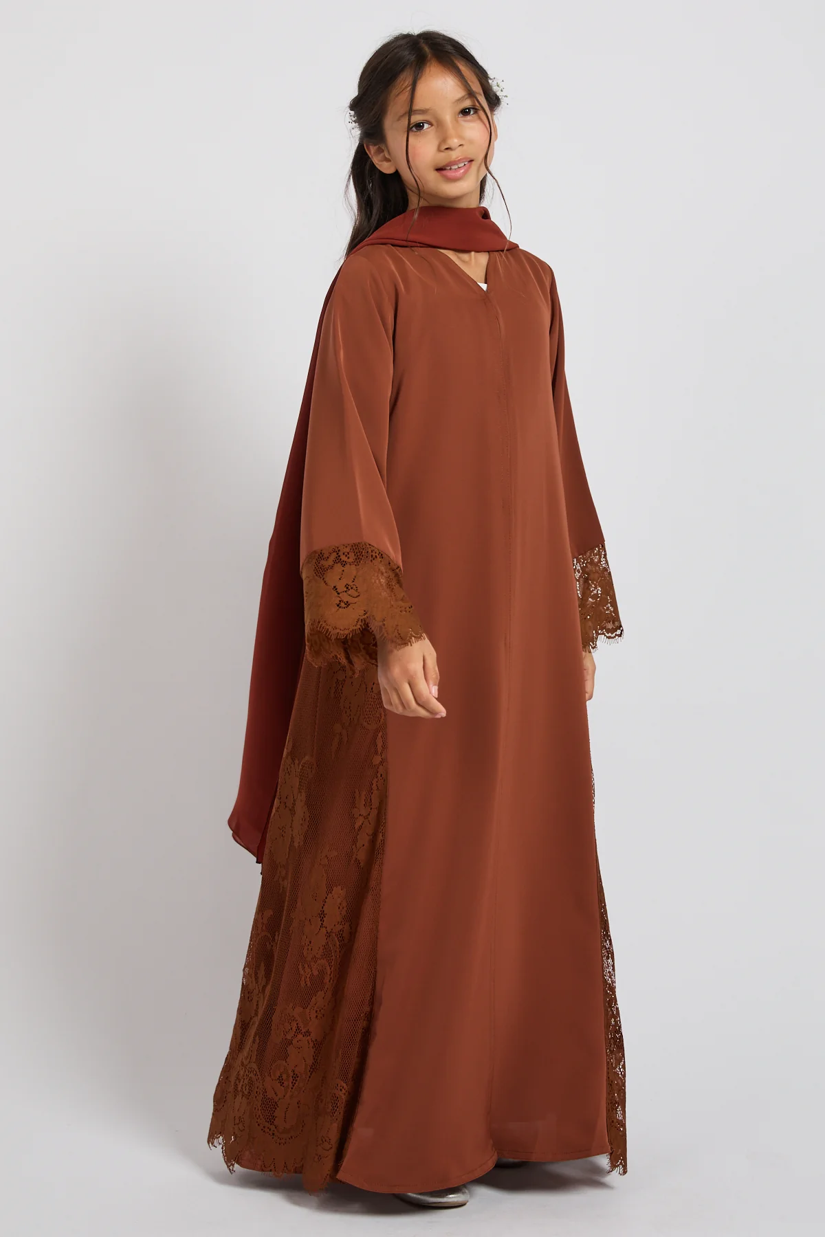 Junior Girls Premium French Lace Blossom Open Abaya – Terracotta Rose - PRE ORDER - Image 7