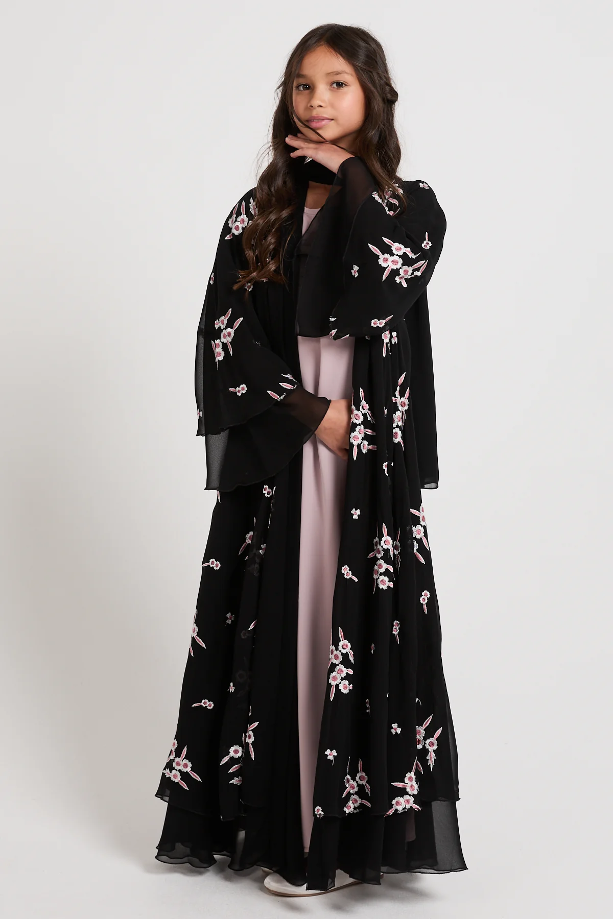 Junior Girls Premium Midnight Blossom Embroidered Chiffon Open Abaya - Image 10