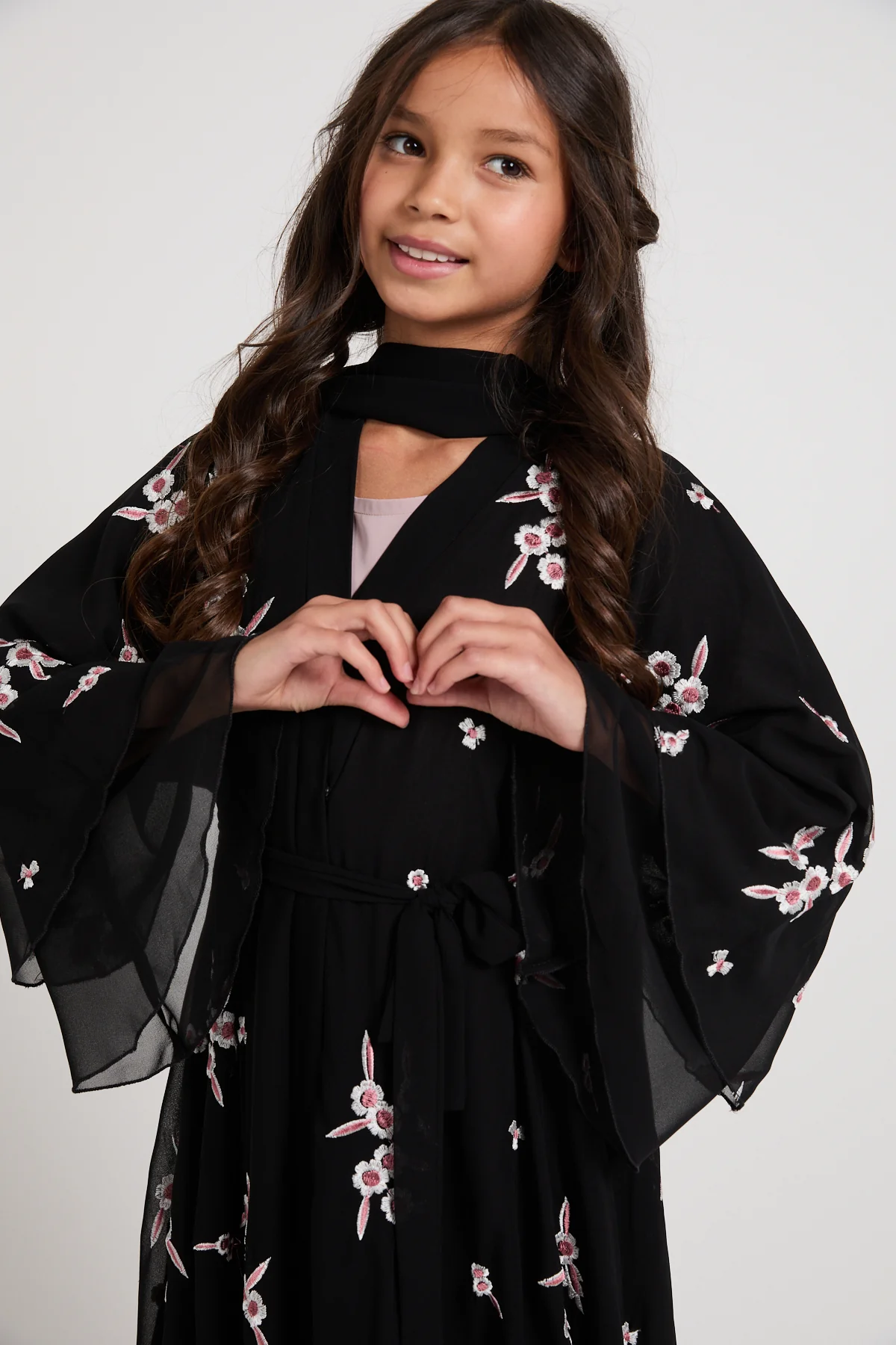 Junior Girls Premium Midnight Blossom Embroidered Chiffon Open Abaya - Image 2