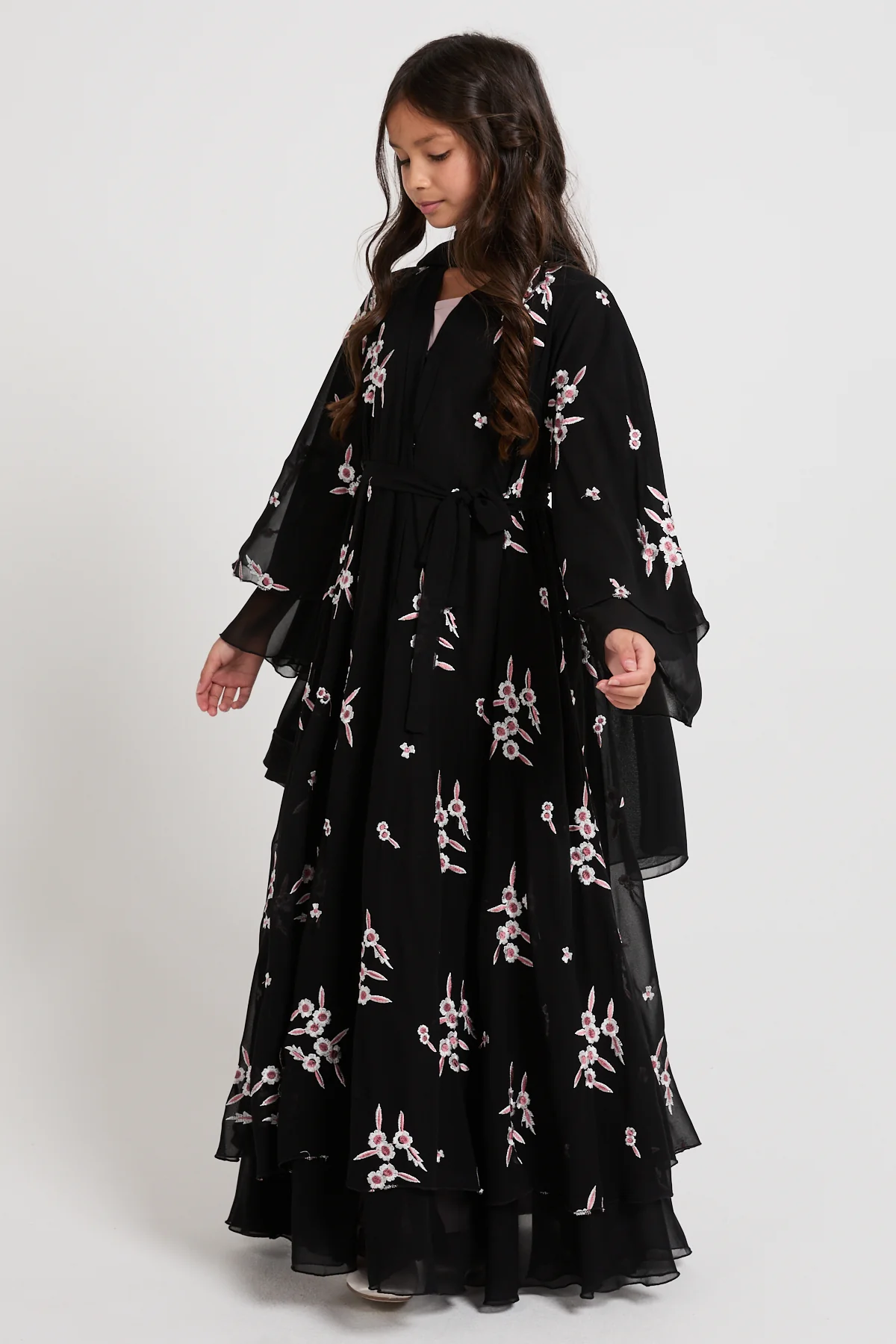 Junior Girls Premium Midnight Blossom Embroidered Chiffon Open Abaya - Image 4