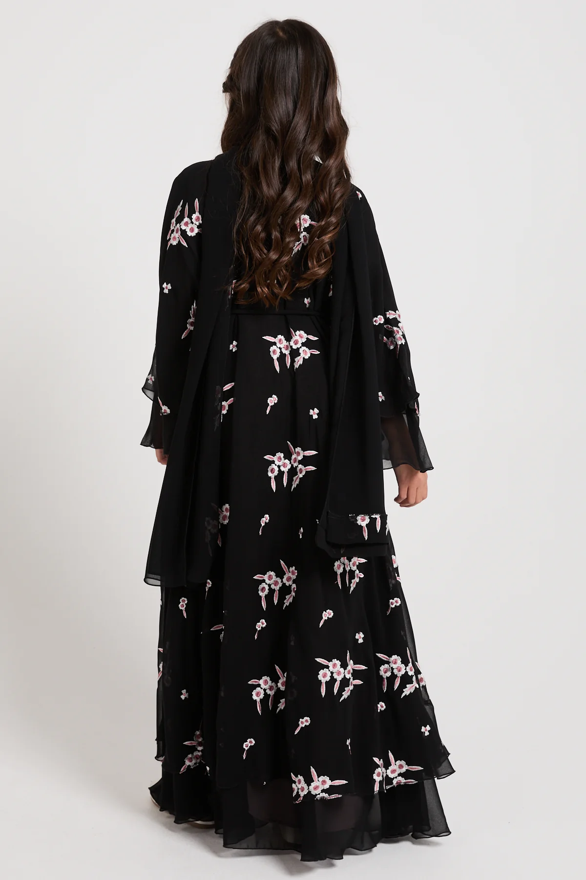 Junior Girls Premium Midnight Blossom Embroidered Chiffon Open Abaya - Image 5