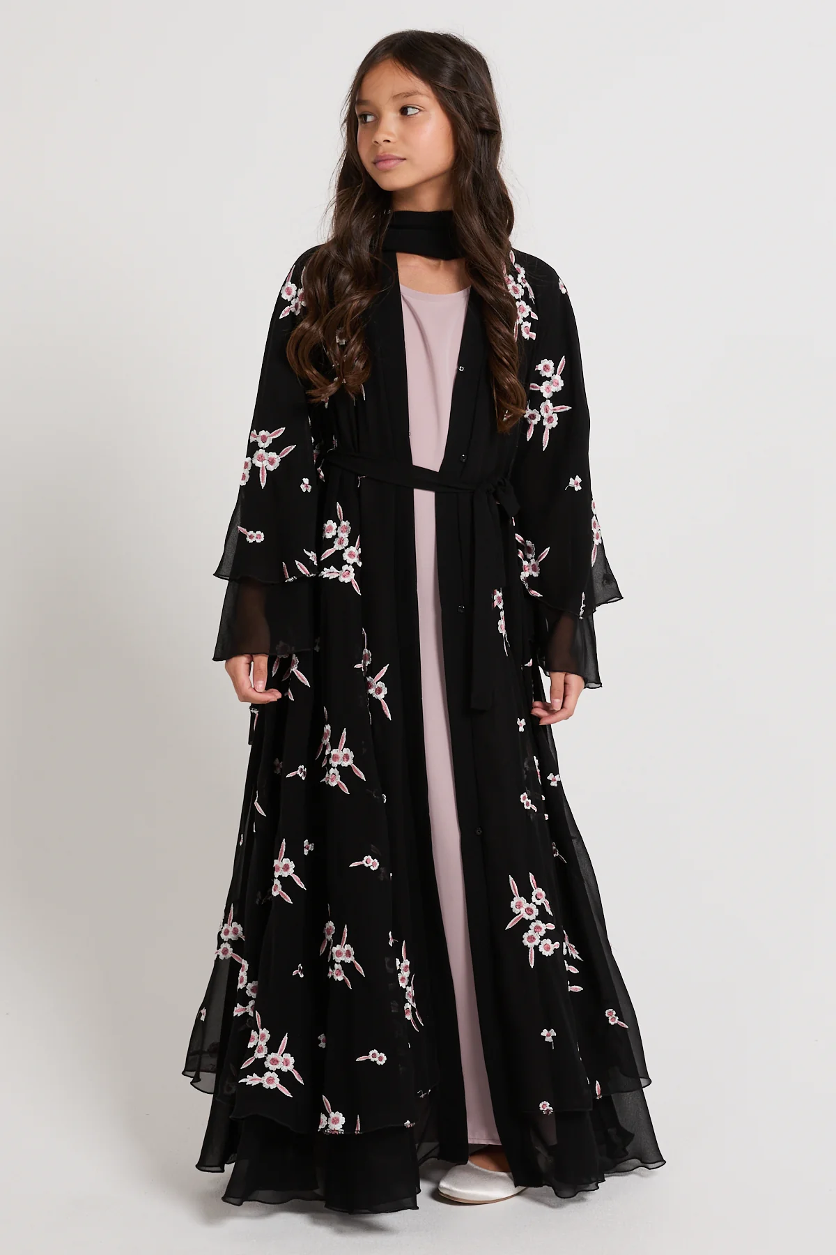 Junior Girls Premium Midnight Blossom Embroidered Chiffon Open Abaya - Image 6