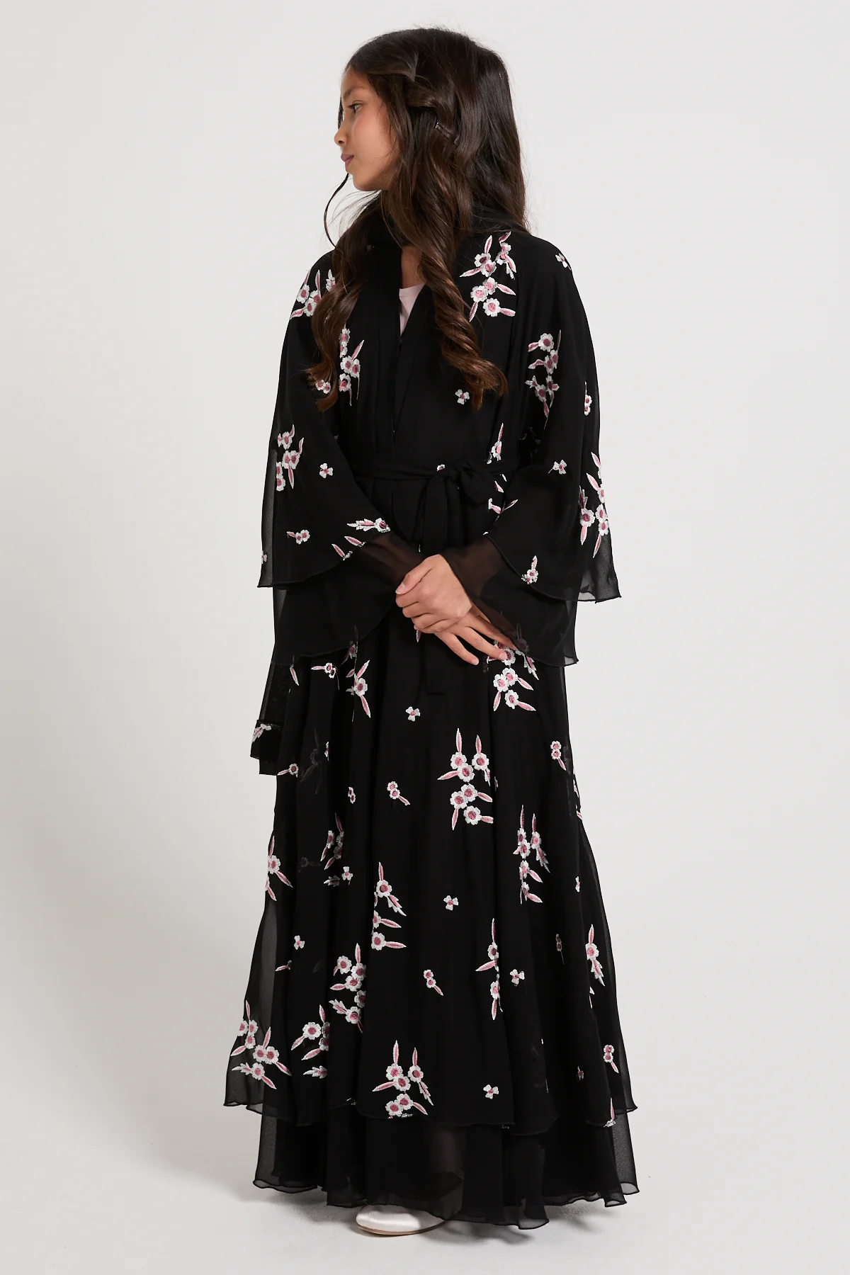 Junior Girls Premium Midnight Blossom Embroidered Chiffon Open Abaya - Image 7