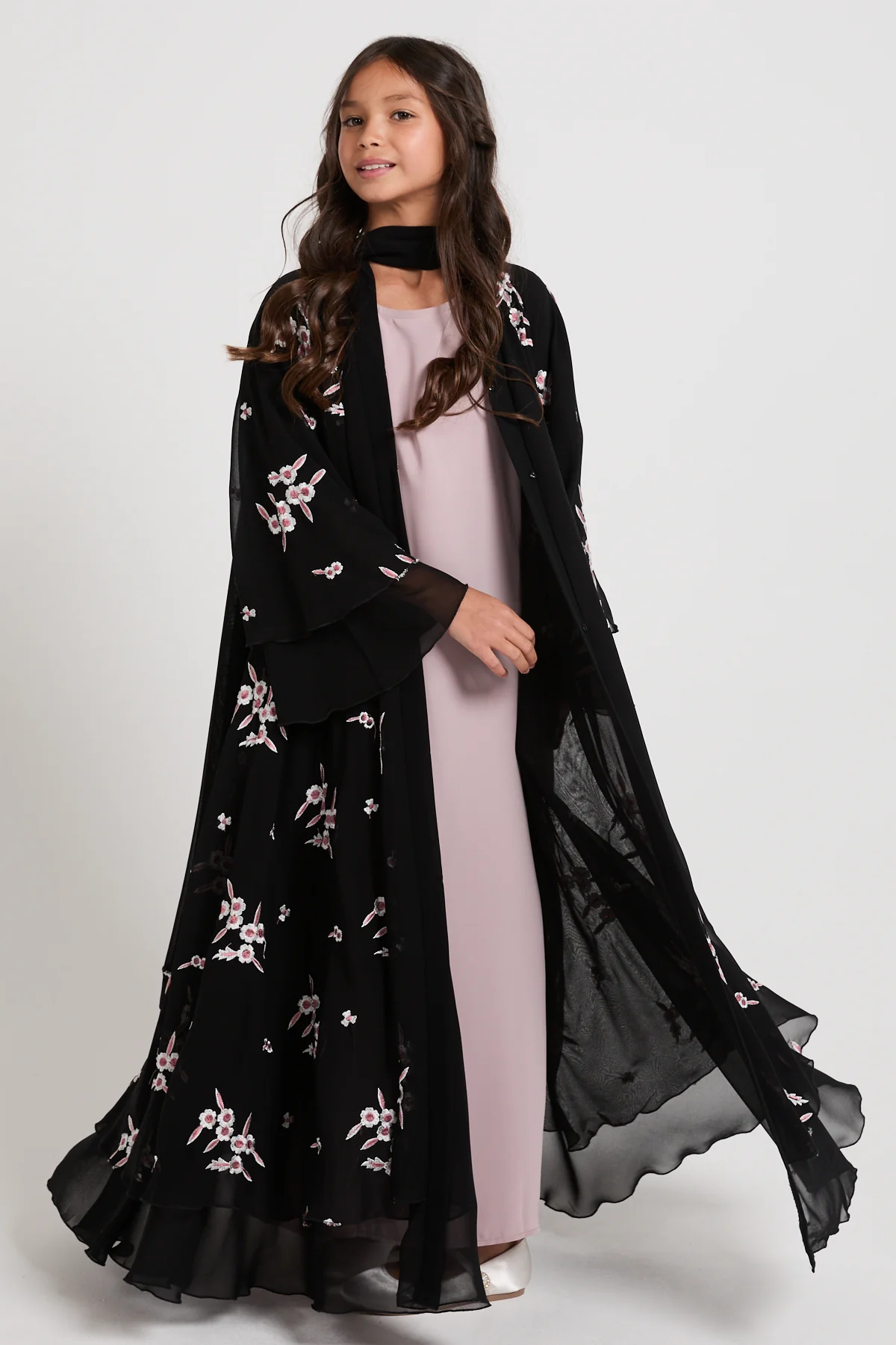 Junior Girls Premium Midnight Blossom Embroidered Chiffon Open Abaya - Image 8