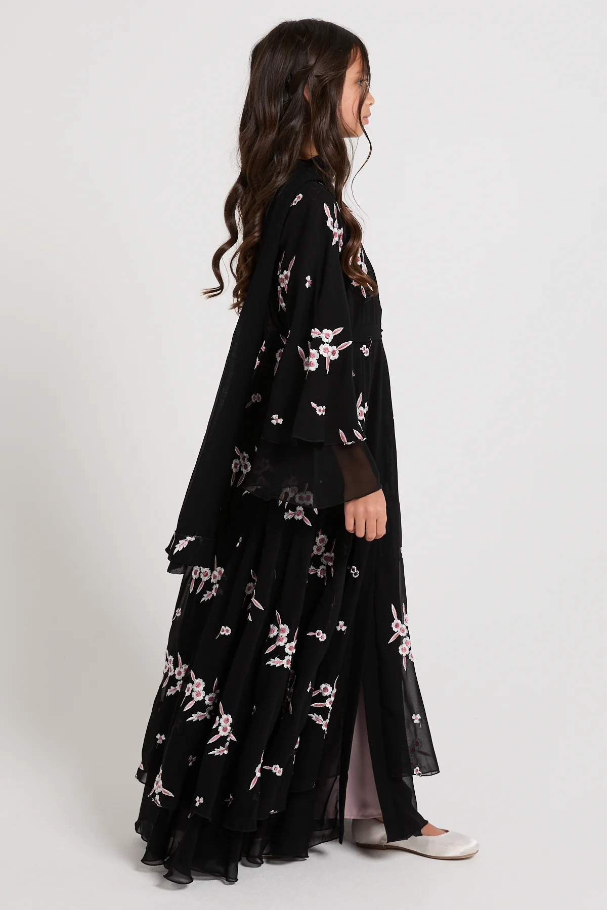 Junior Girls Premium Midnight Blossom Embroidered Chiffon Open Abaya - Image 9