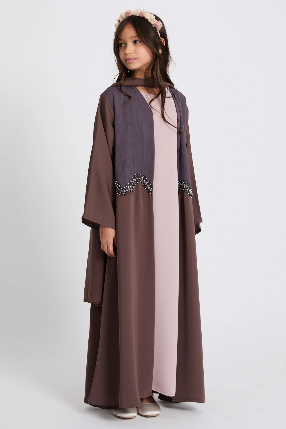 Junior Girls Premium Moonlit Embrace Embellished Open Abaya - Mocha Berry - Image 3