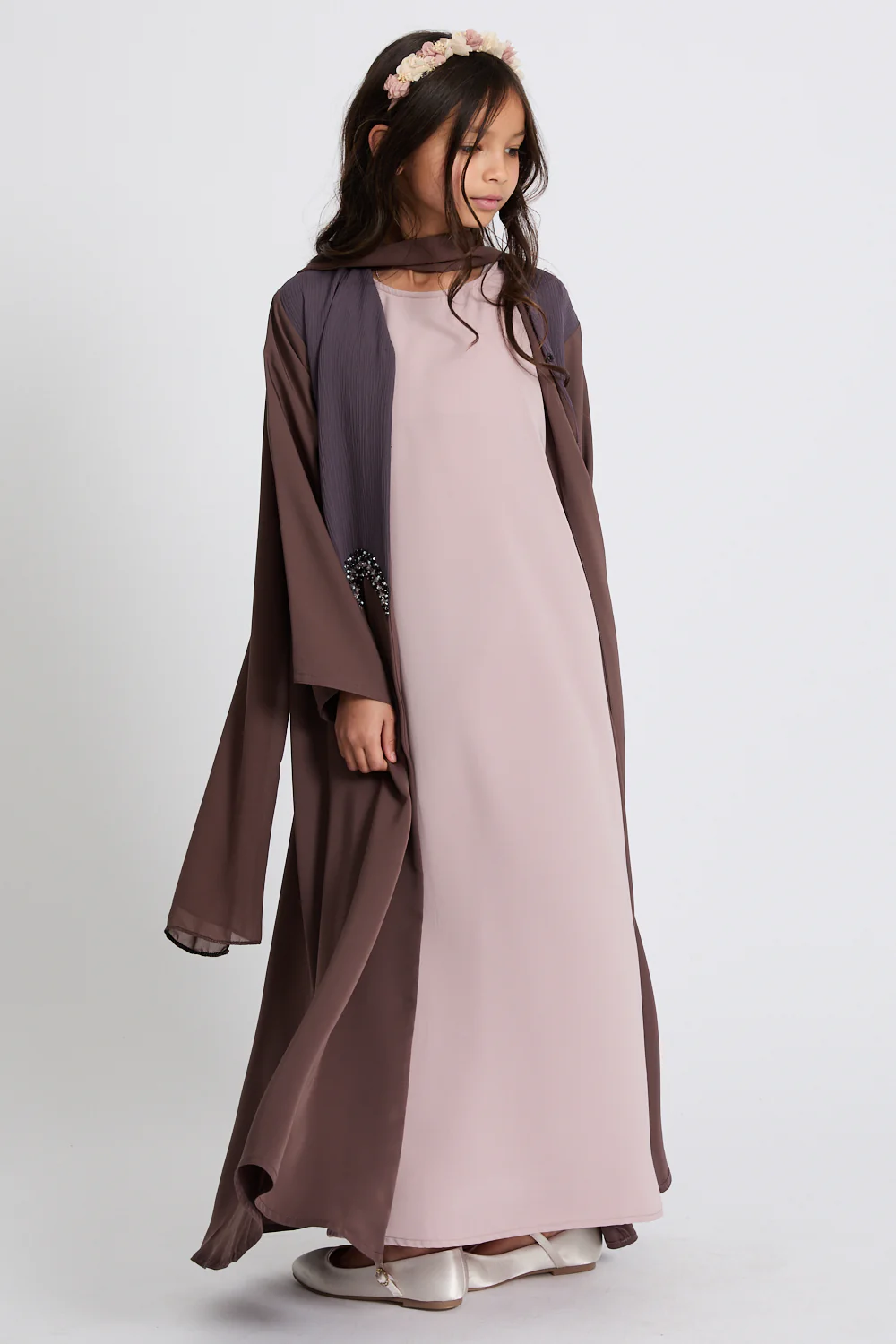 Junior Girls Premium Moonlit Embrace Embellished Open Abaya - Mocha Berry - Image 4