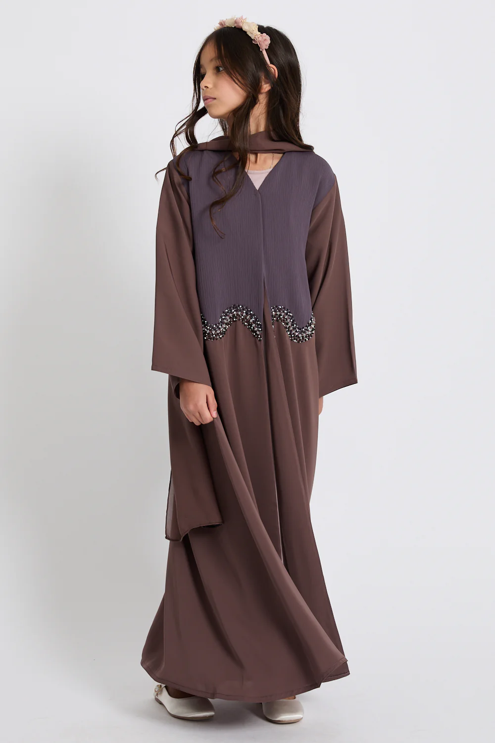 Junior Girls Premium Moonlit Embrace Embellished Open Abaya - Mocha Berry - Image 5