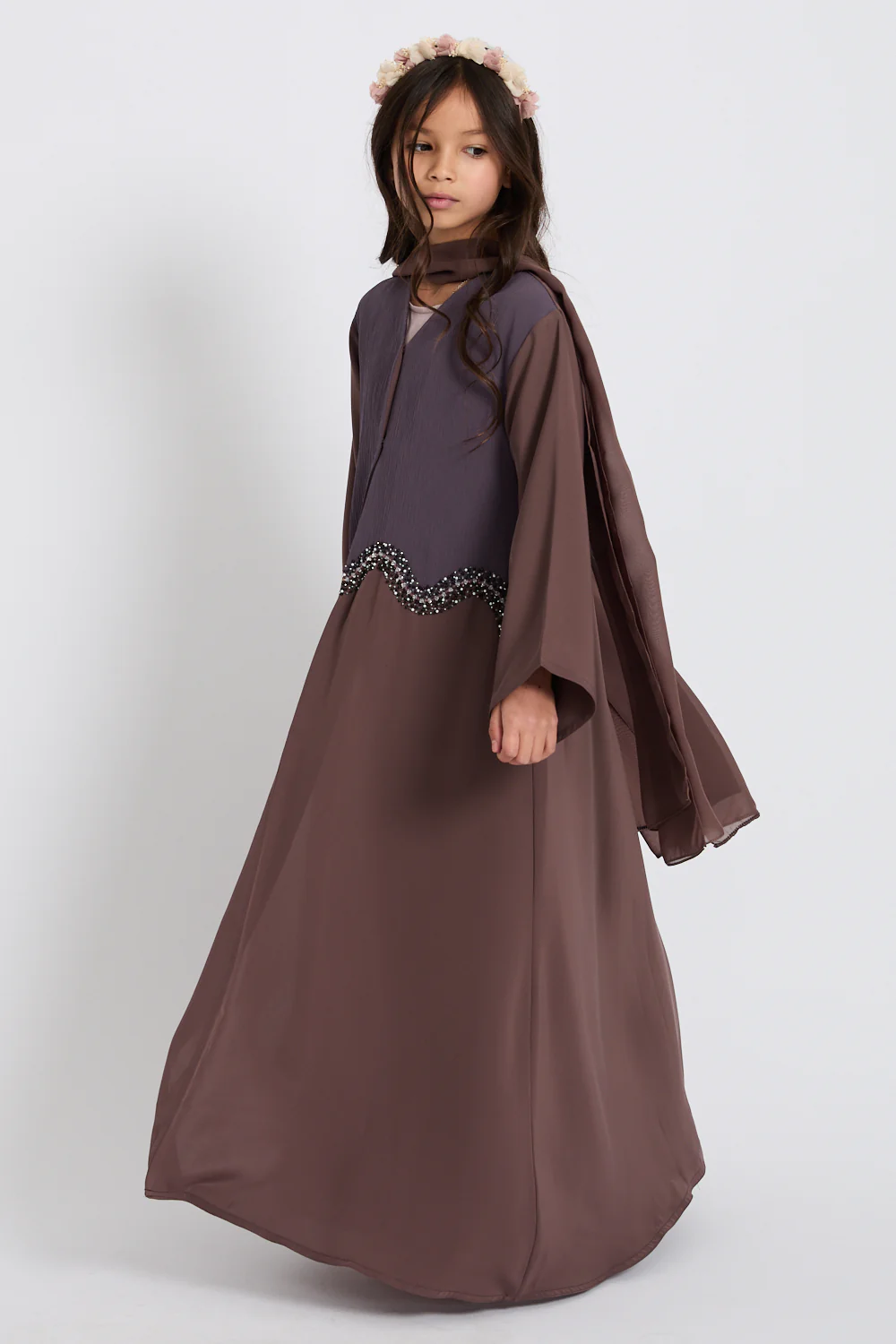 Junior Girls Premium Moonlit Embrace Embellished Open Abaya - Mocha Berry - Image 6