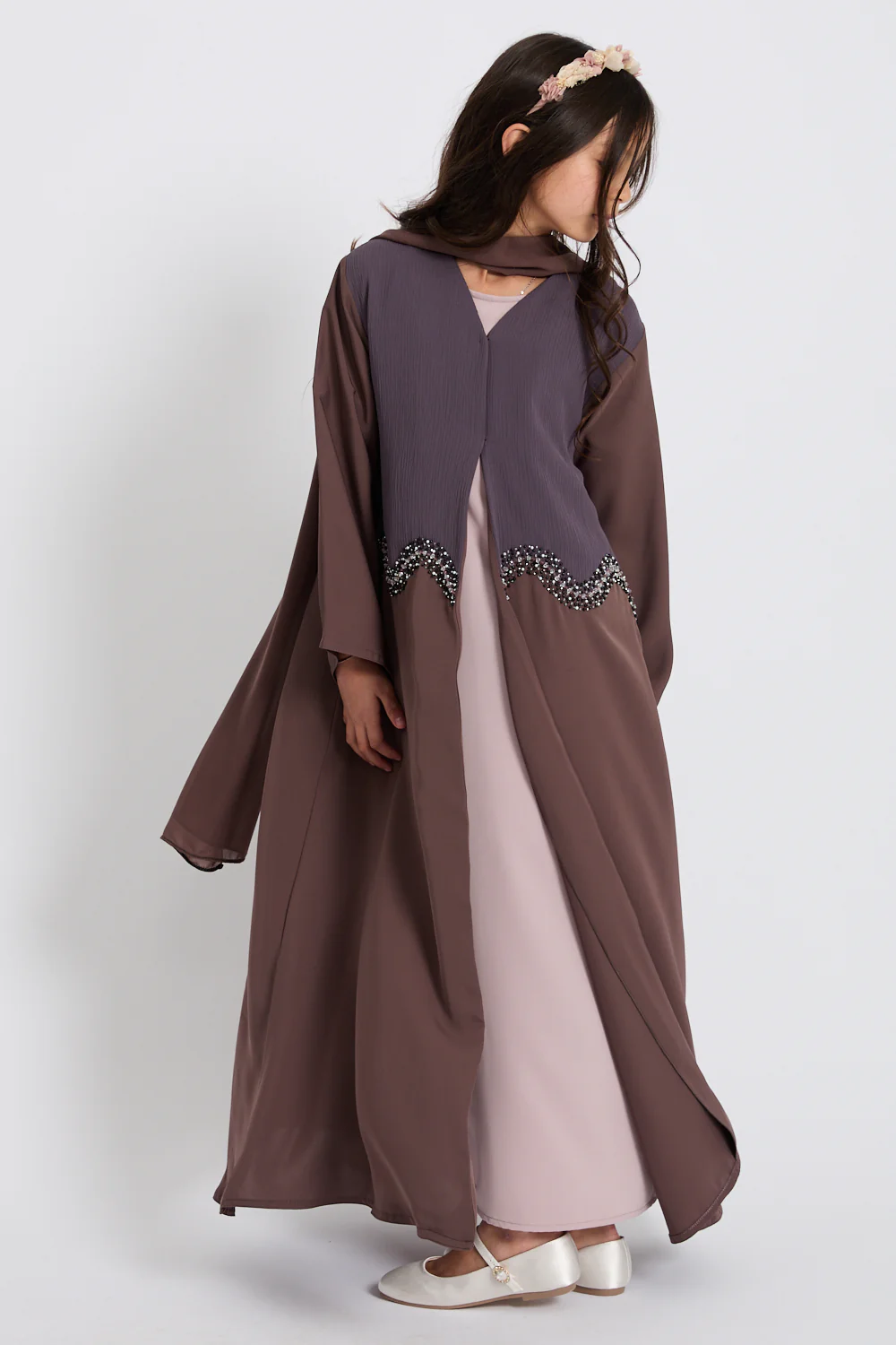 Junior Girls Premium Moonlit Embrace Embellished Open Abaya - Mocha Berry - Image 7