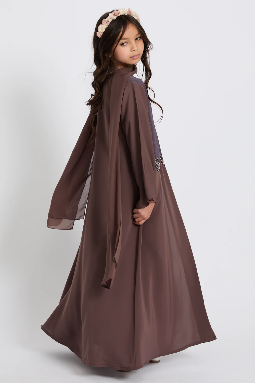 Junior Girls Premium Moonlit Embrace Embellished Open Abaya - Mocha Berry - Image 8