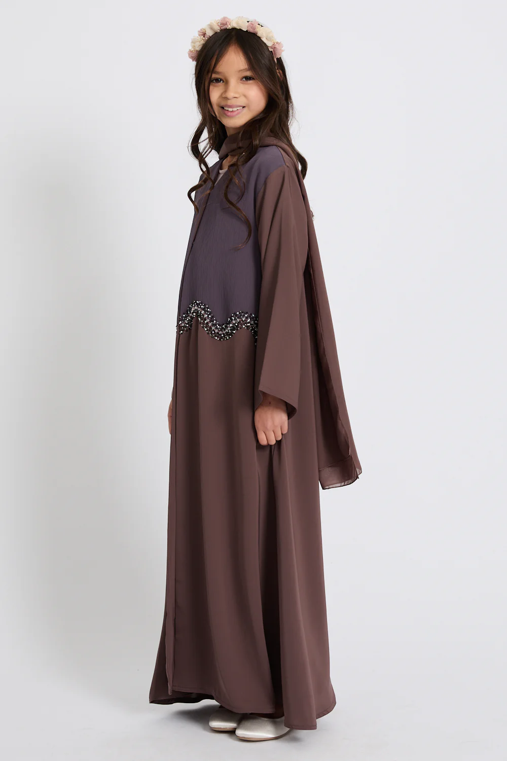 Junior Girls Premium Moonlit Embrace Embellished Open Abaya - Mocha Berry - Image 9