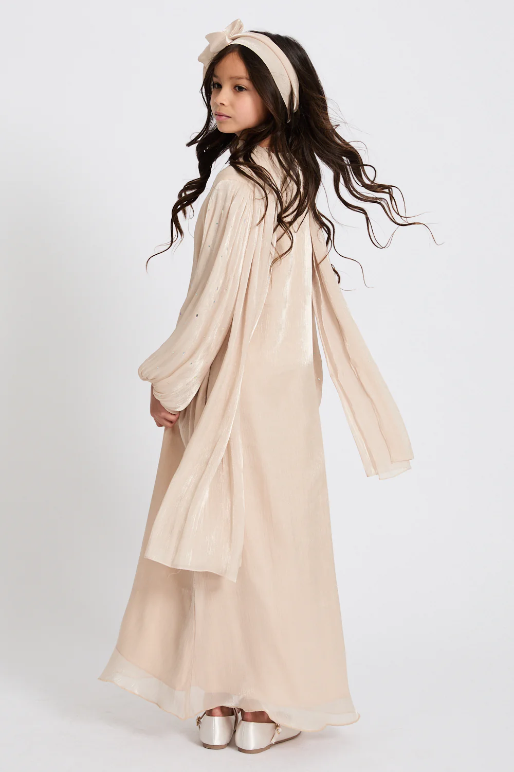 Junior Girls Premium Organza Frost Dainty Embellished Closed Abaya - Moonbeam - Image 3
