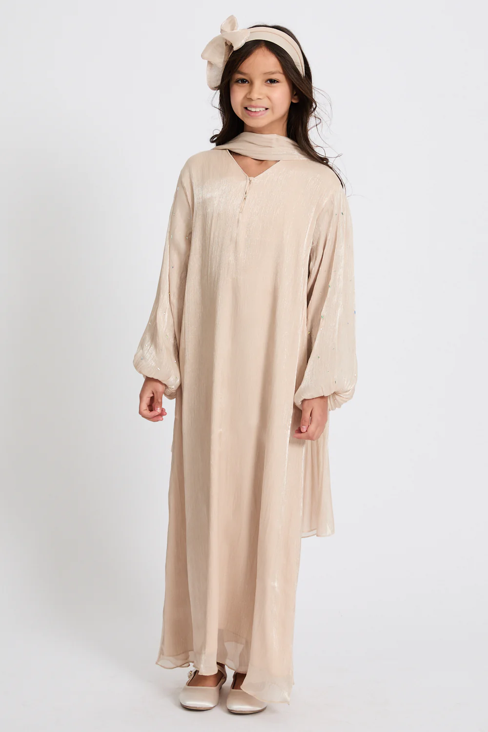 Junior Girls Premium Organza Frost Dainty Embellished Closed Abaya - Moonbeam - Image 4
