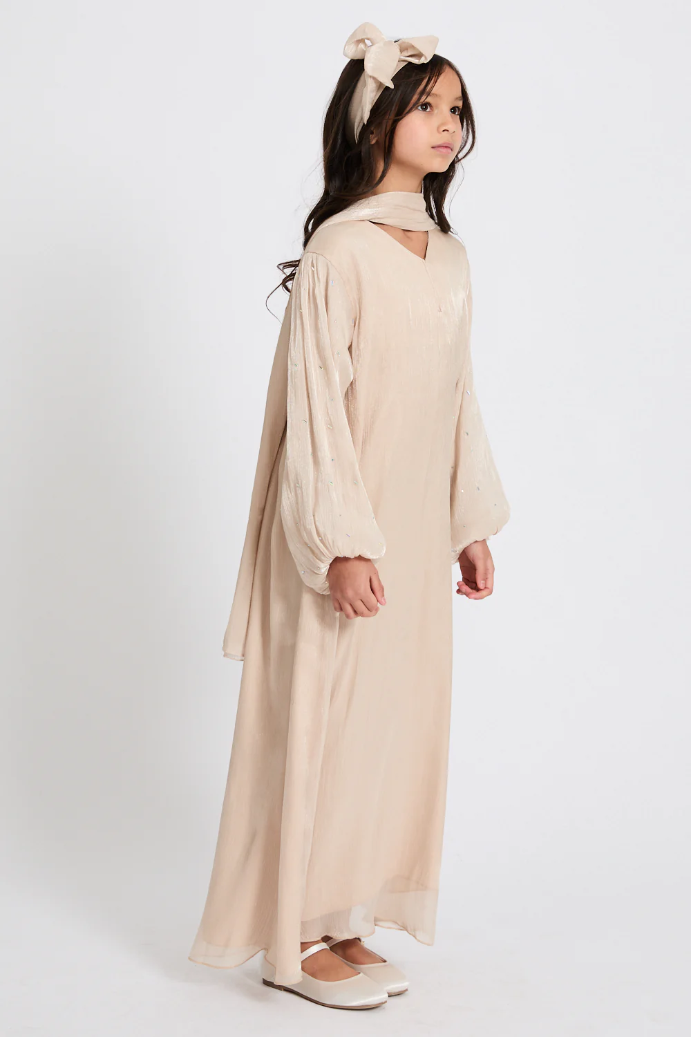 Junior Girls Premium Organza Frost Dainty Embellished Closed Abaya - Moonbeam - Image 5