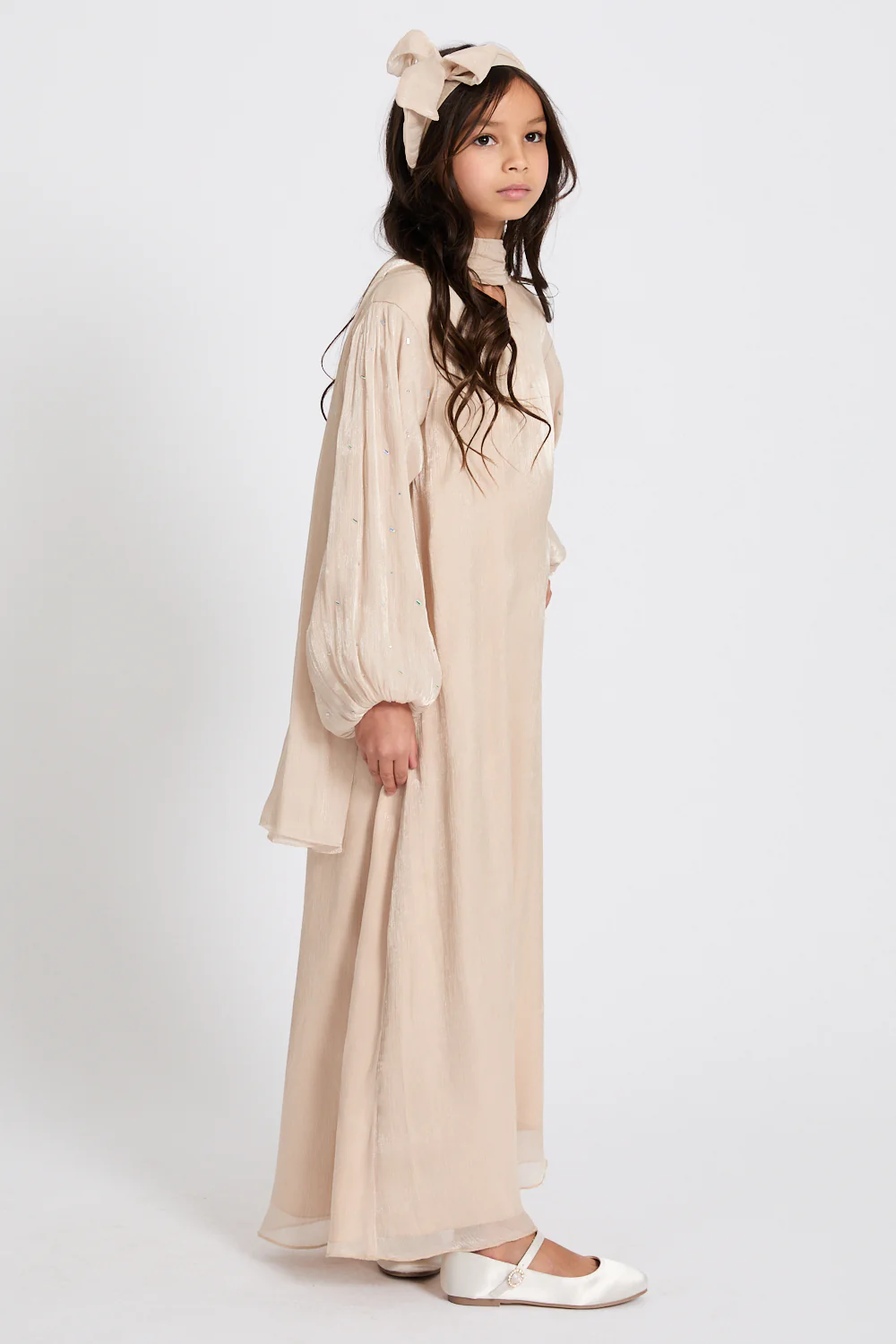 Junior Girls Premium Organza Frost Dainty Embellished Closed Abaya - Moonbeam - Image 7