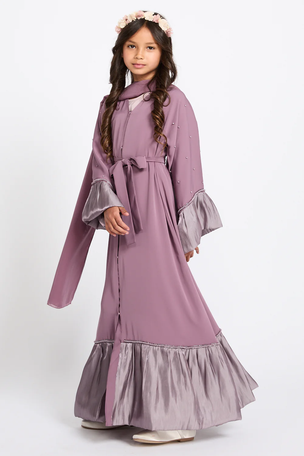 Junior Girls Premium Rosella Charm Open Abaya - Mauve Rose