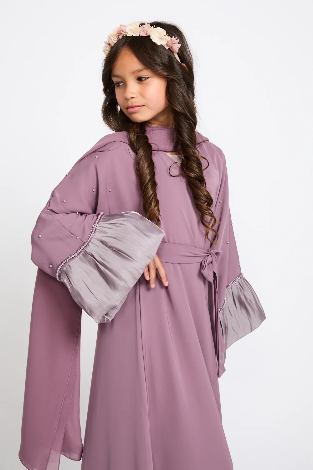 Junior Girls Premium Rosella Charm Open Abaya - Mauve Rose - Image 2