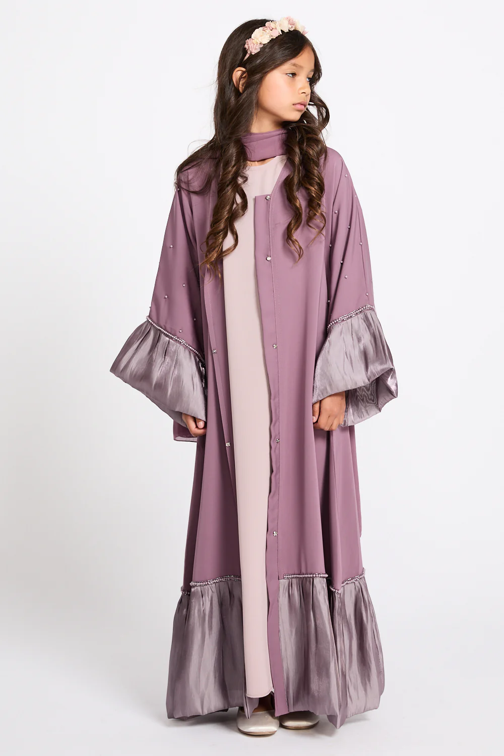 Junior Girls Premium Rosella Charm Open Abaya - Mauve Rose - Image 3