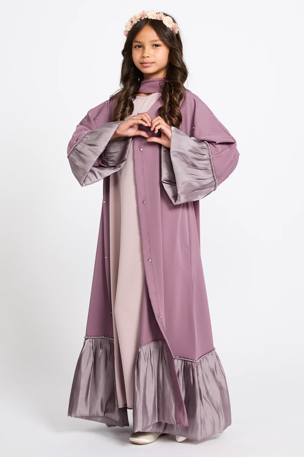 Junior Girls Premium Rosella Charm Open Abaya - Mauve Rose - Image 4