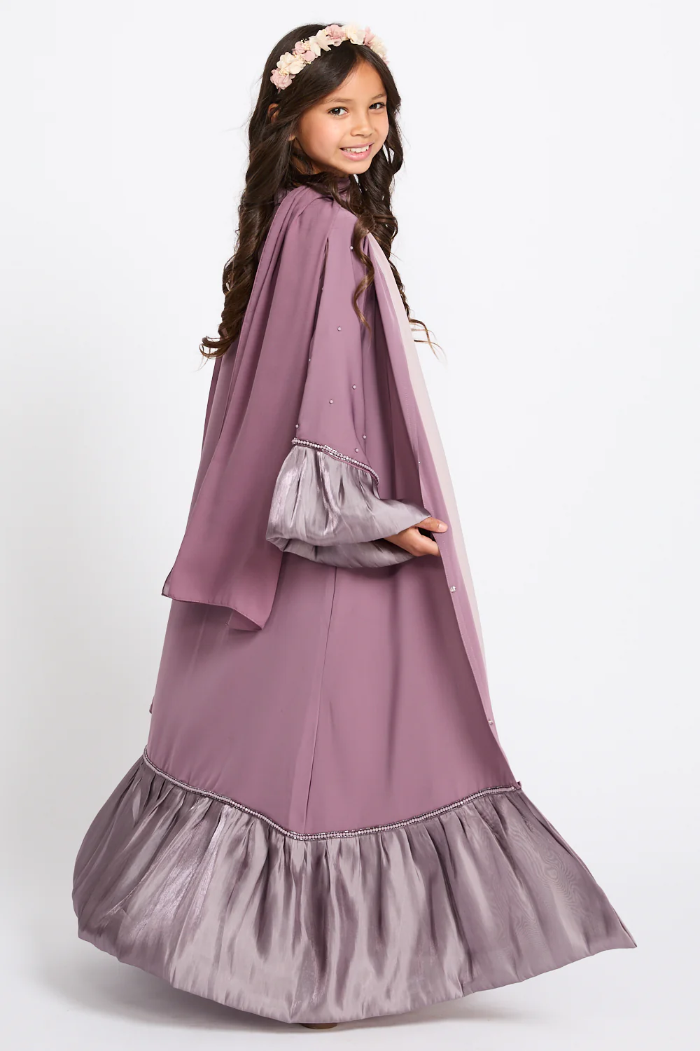 Junior Girls Premium Rosella Charm Open Abaya - Mauve Rose - Image 5