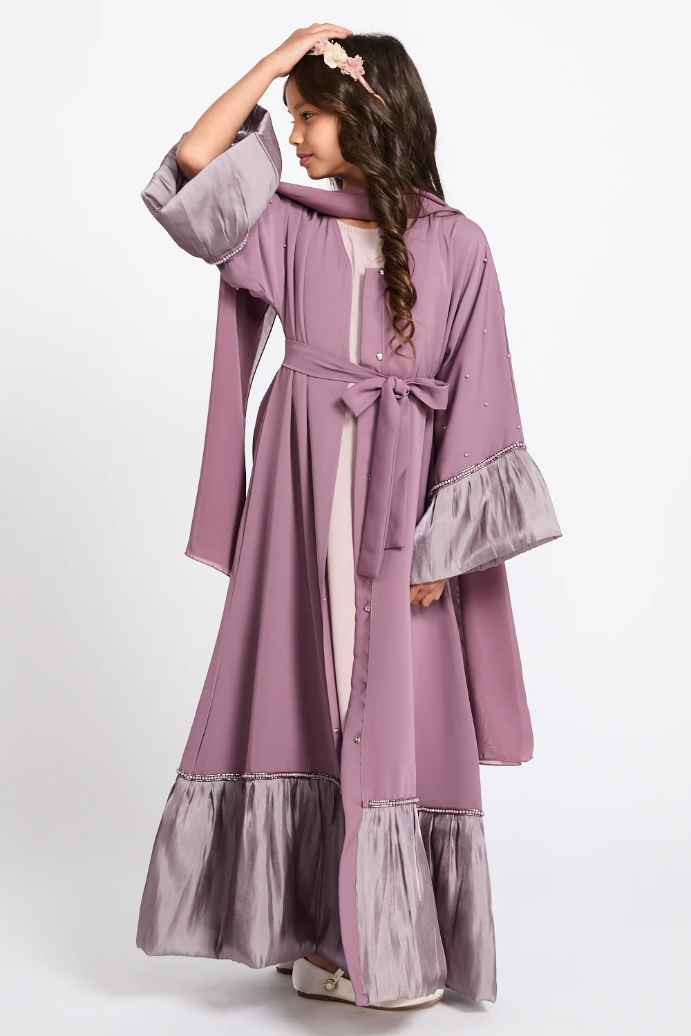 Junior Girls Premium Rosella Charm Open Abaya - Mauve Rose - Image 6