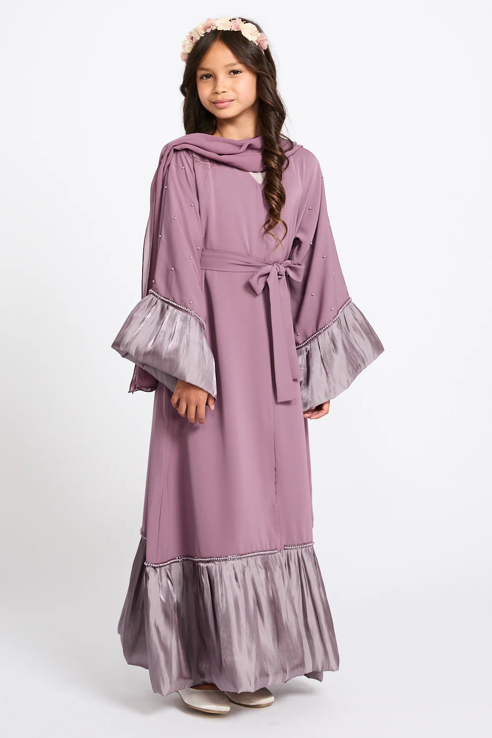 Junior Girls Premium Rosella Charm Open Abaya - Mauve Rose - Image 7