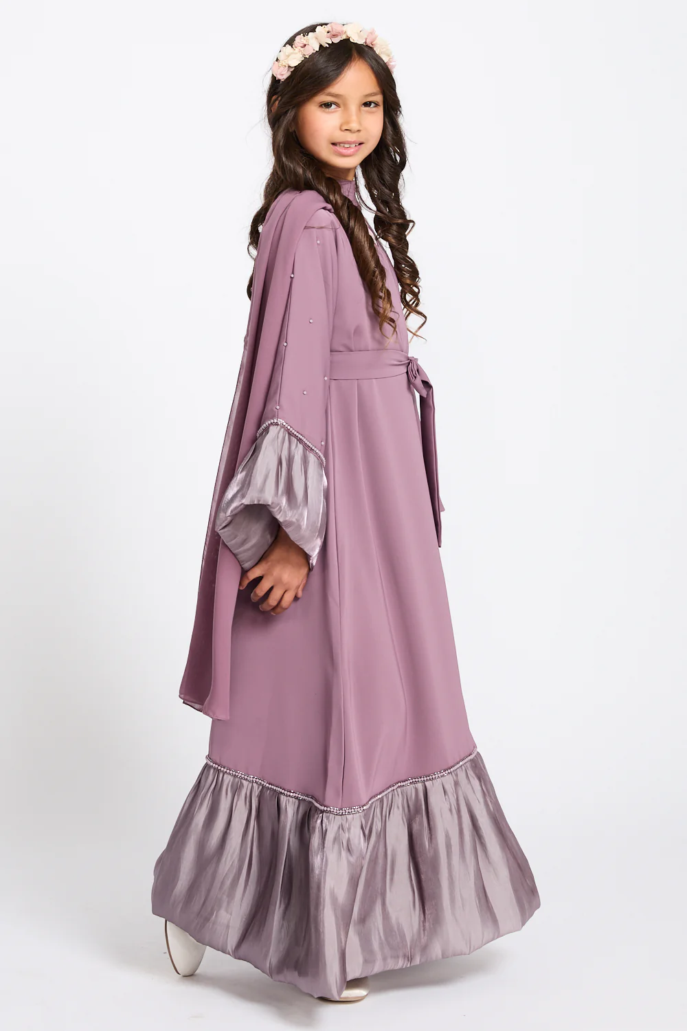 Junior Girls Premium Rosella Charm Open Abaya - Mauve Rose - Image 9