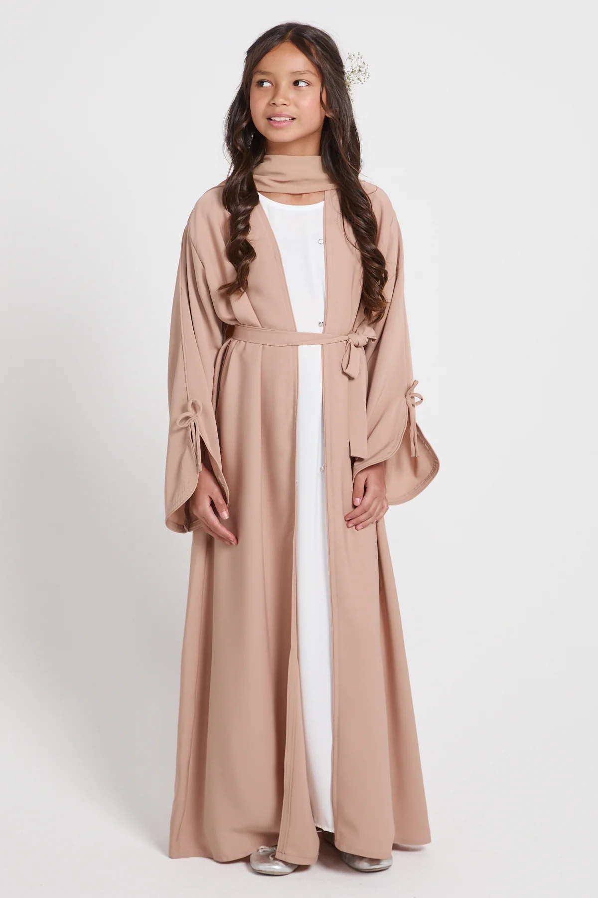 Junior Girls Premium Signature Bow Cuff Open Abaya - Desert Beige