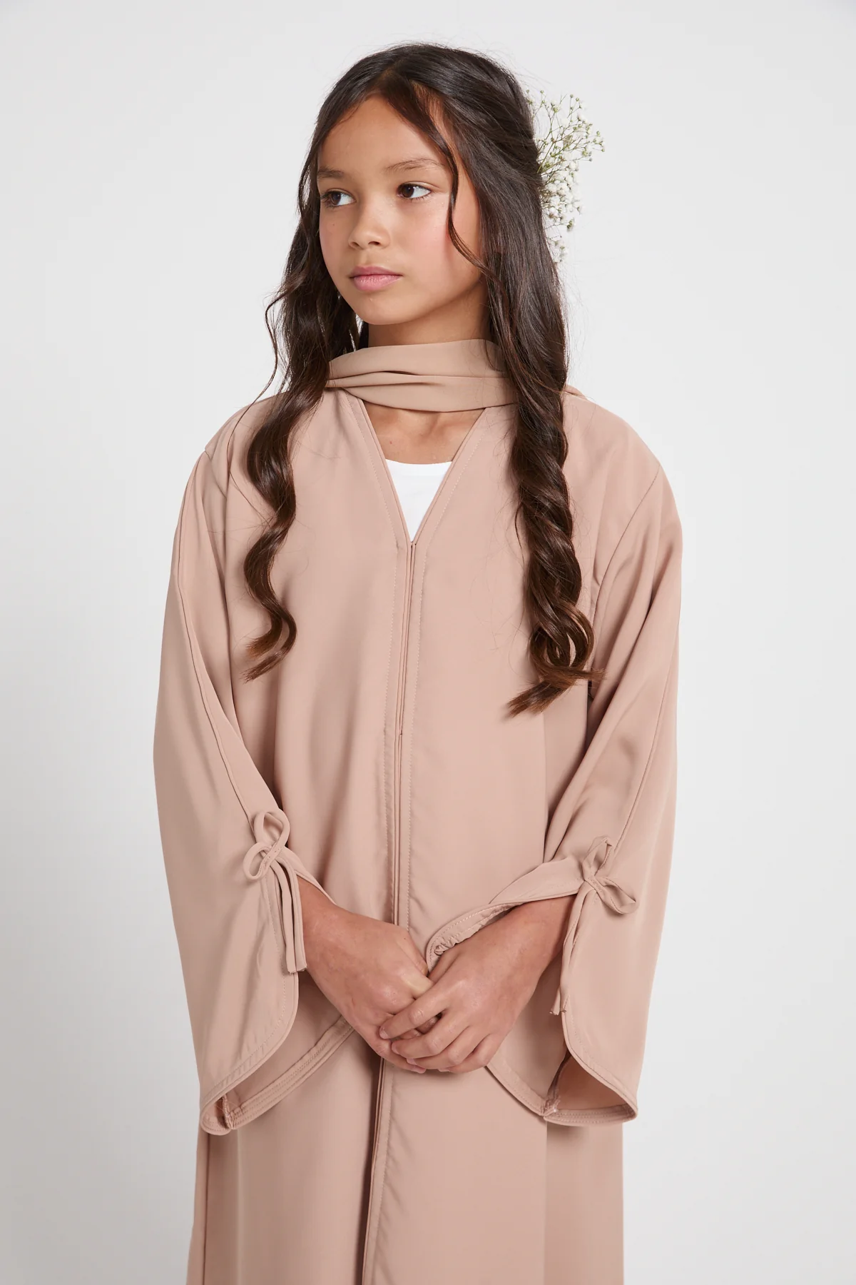 Junior Girls Premium Signature Bow Cuff Open Abaya - Desert Beige - Image 2
