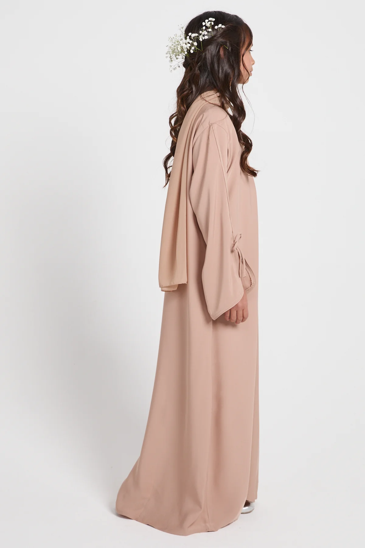 Junior Girls Premium Signature Bow Cuff Open Abaya - Desert Beige - Image 3
