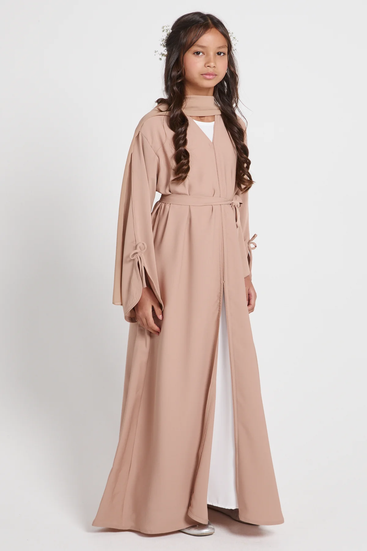 Junior Girls Premium Signature Bow Cuff Open Abaya - Desert Beige - Image 4