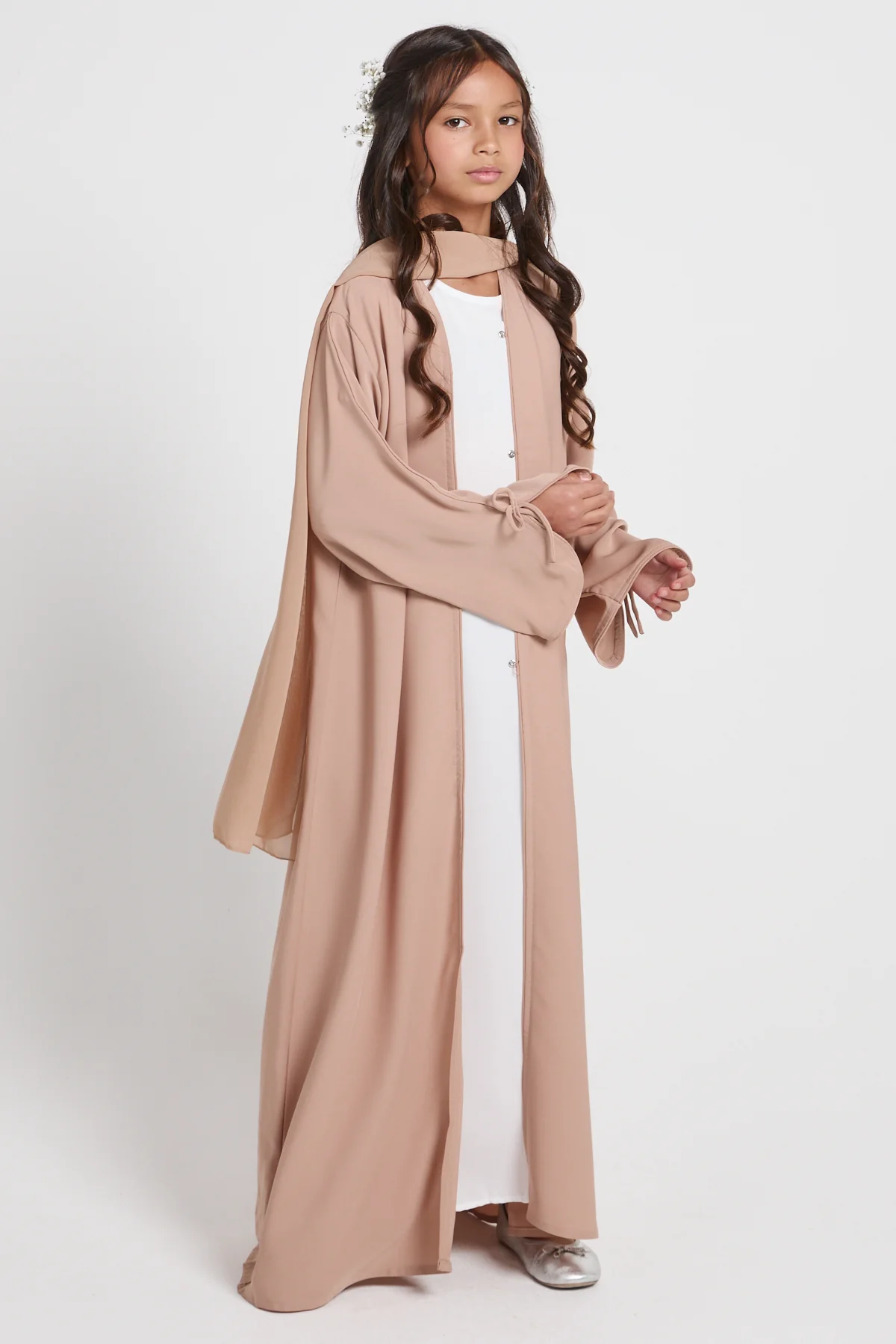 Junior Girls Premium Signature Bow Cuff Open Abaya - Desert Beige - Image 6
