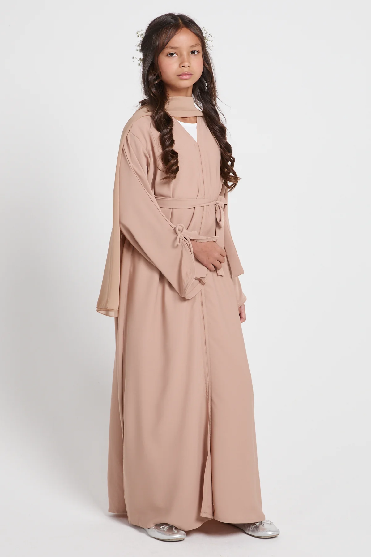 Junior Girls Premium Signature Bow Cuff Open Abaya - Desert Beige - Image 7