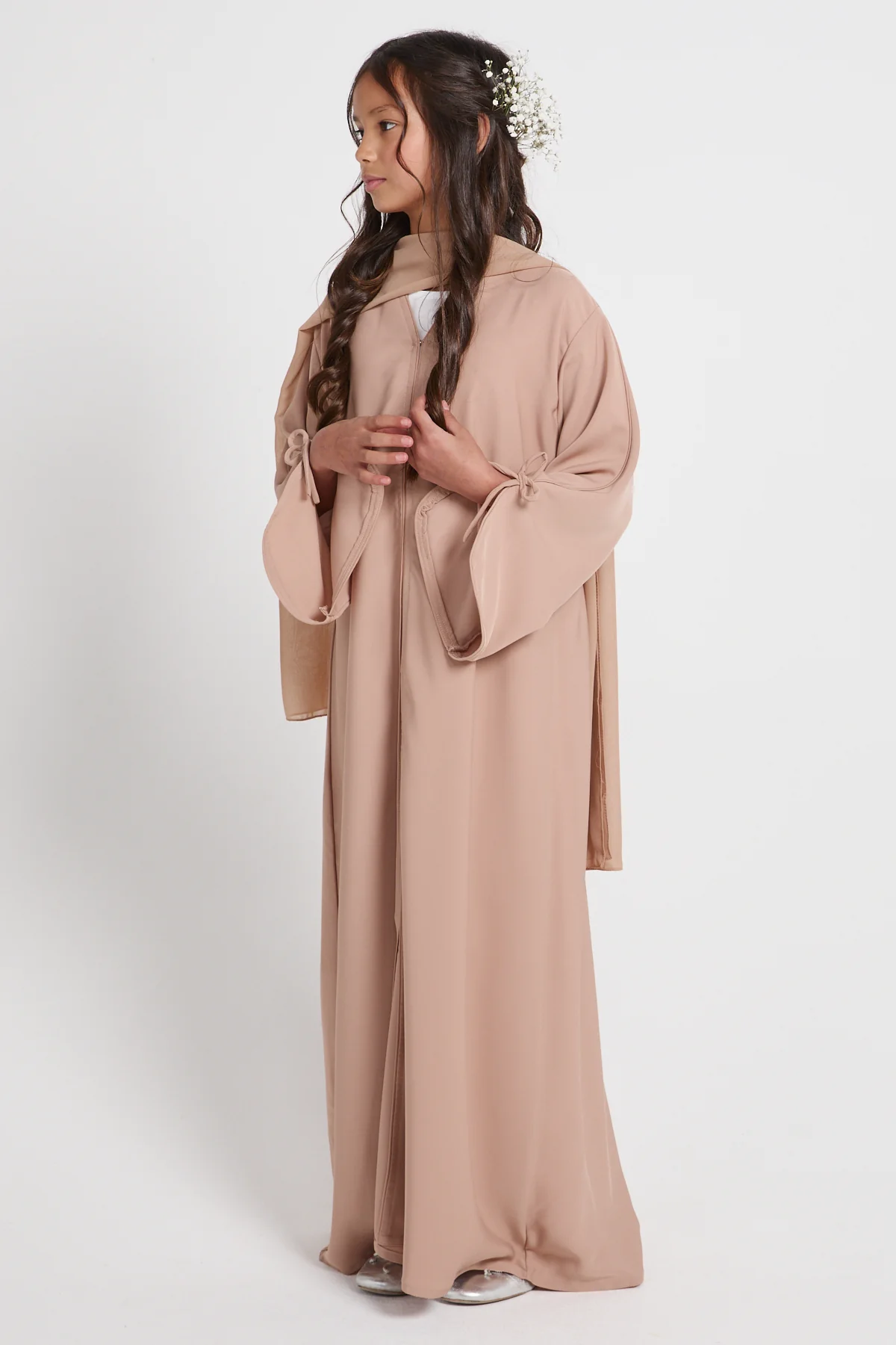 Junior Girls Premium Signature Bow Cuff Open Abaya - Desert Beige - Image 8