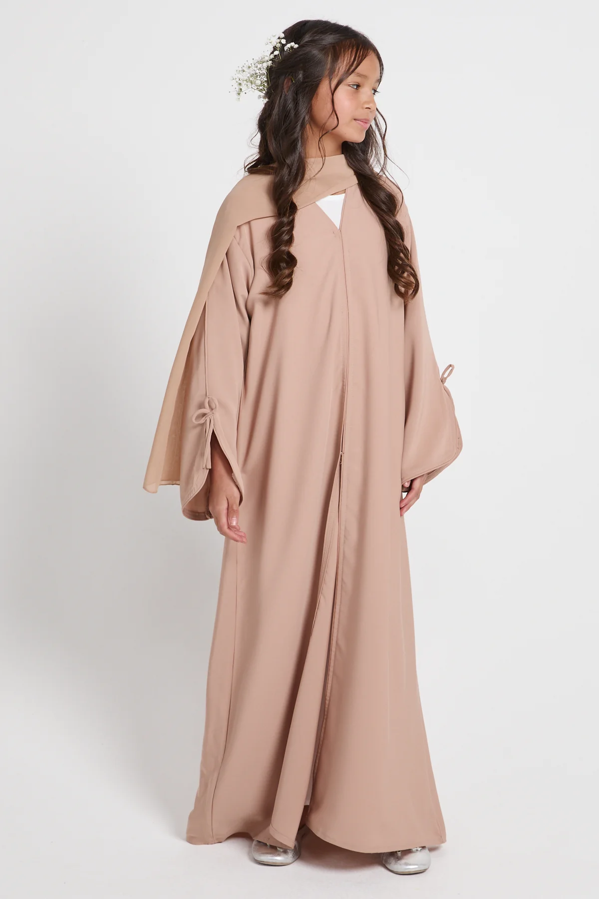 Junior Girls Premium Signature Bow Cuff Open Abaya - Desert Beige - Image 9