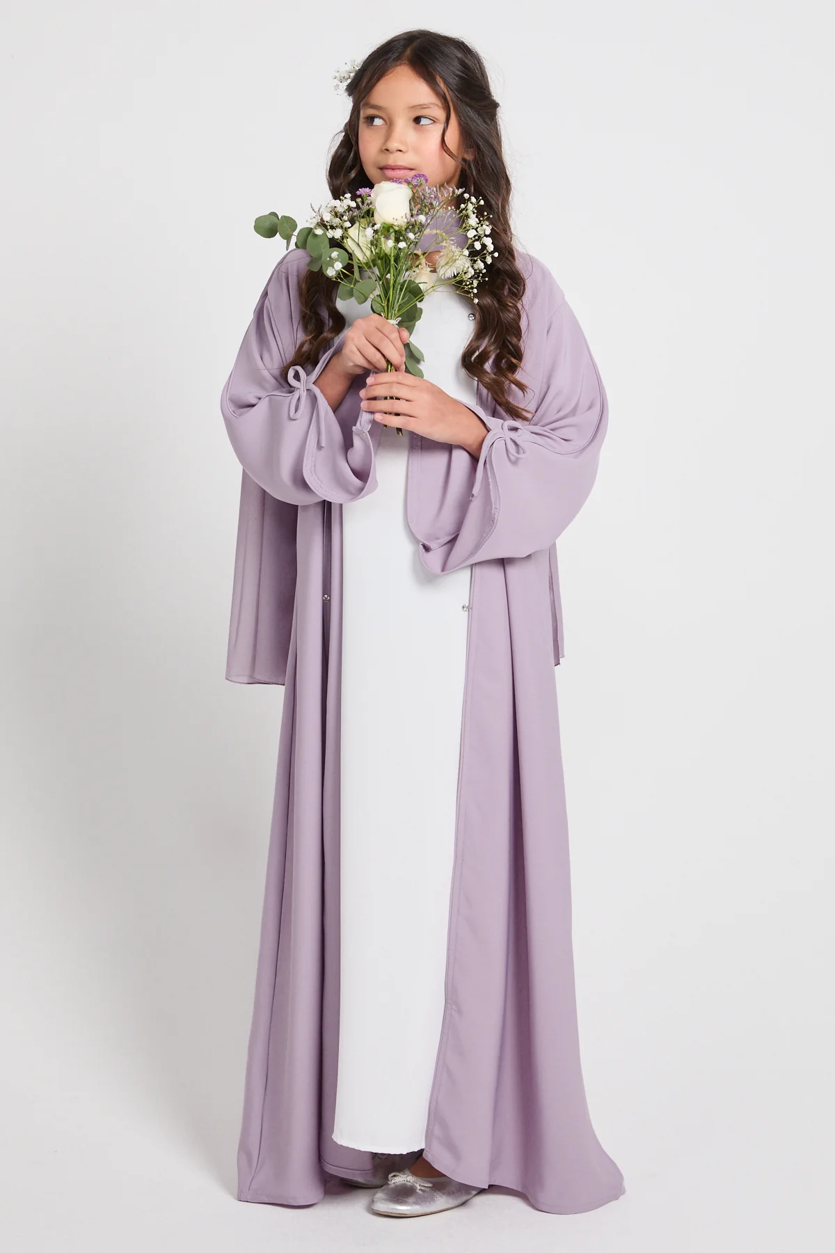 Junior Girls Premium Signature Bow Cuff Open Abaya - Dusty Lilac