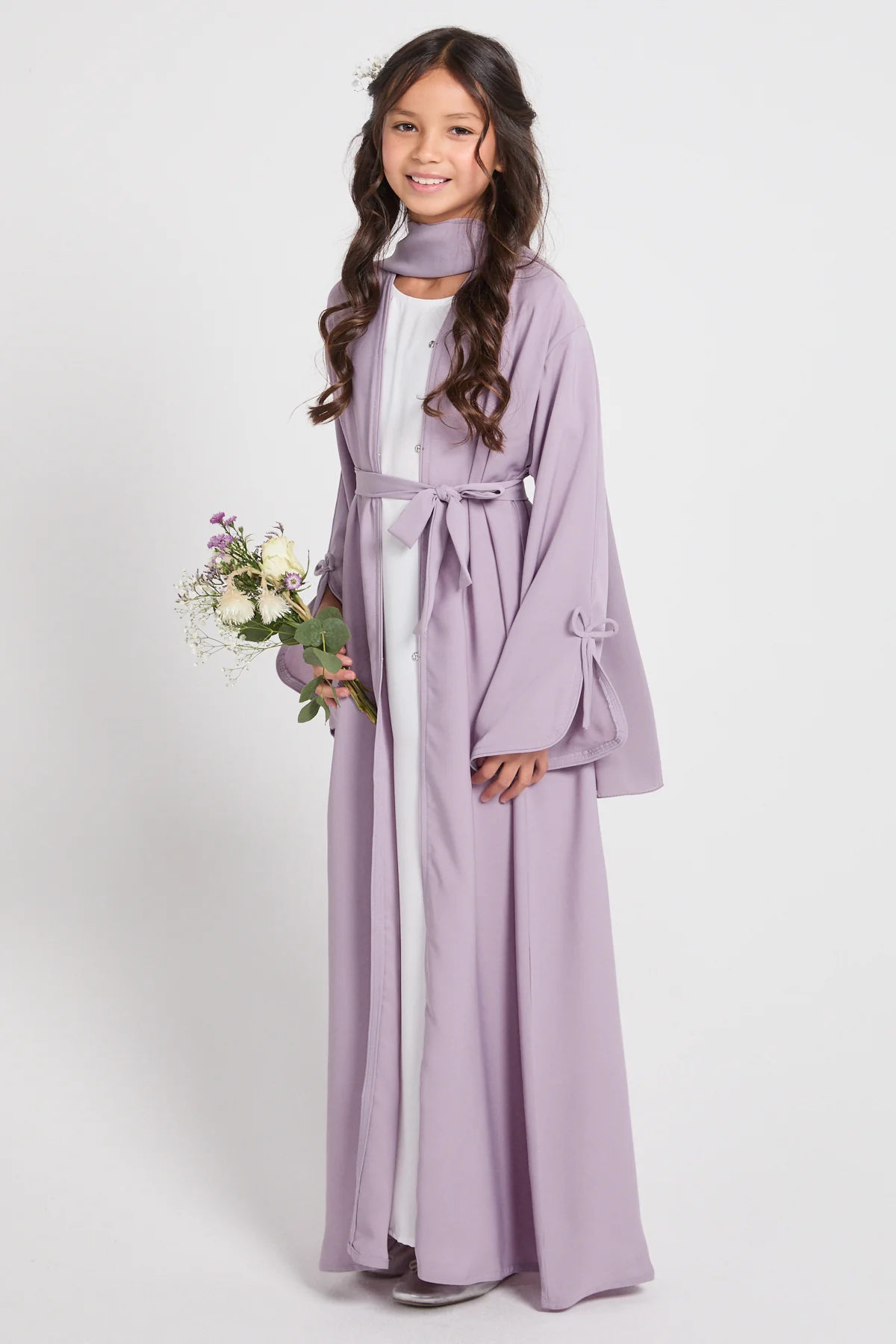 Junior Girls Premium Signature Bow Cuff Open Abaya - Dusty Lilac - Image 3